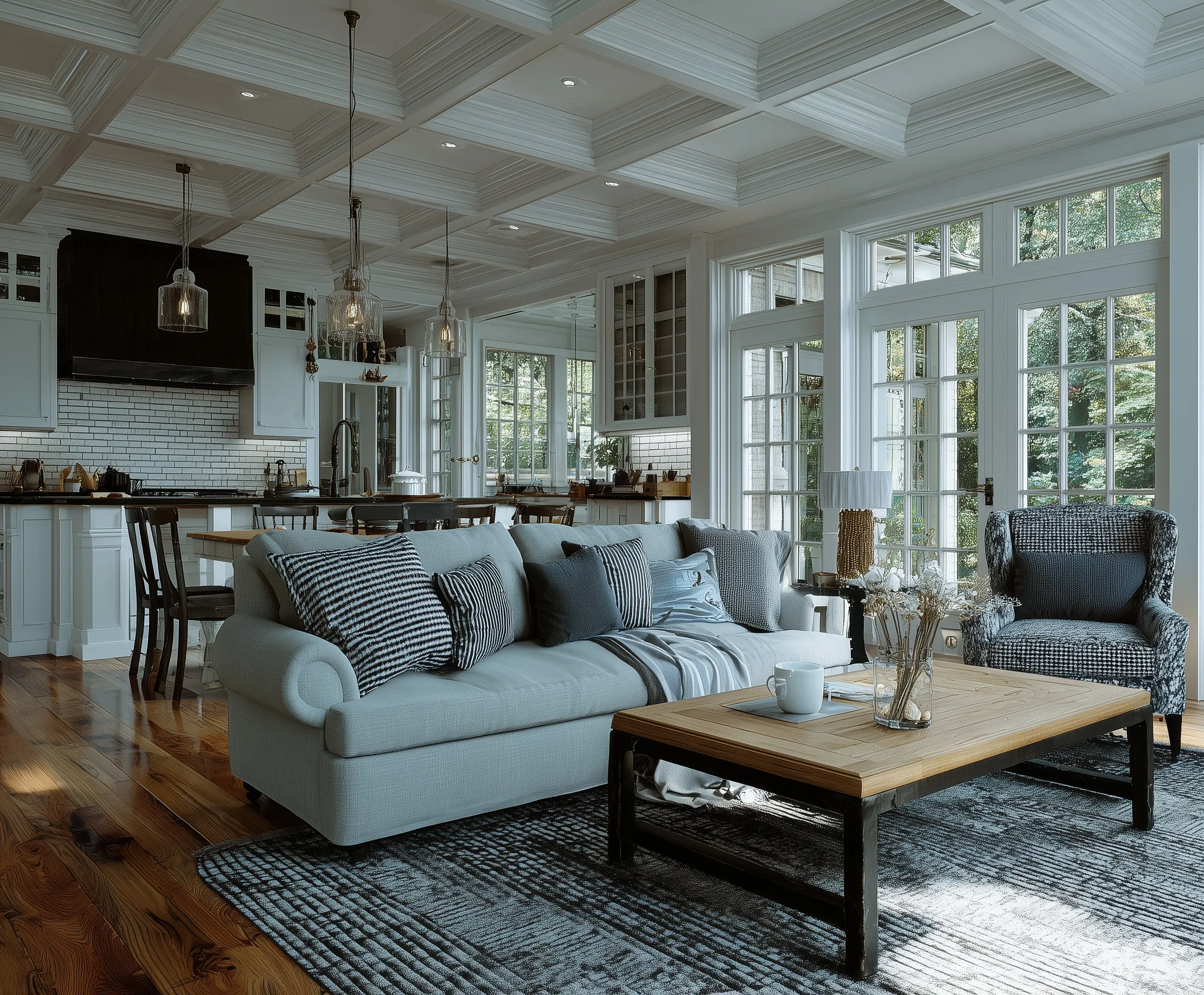 Modern open-concept kitchen and living room in a suburban home with natural sunlight and hardwood floors.