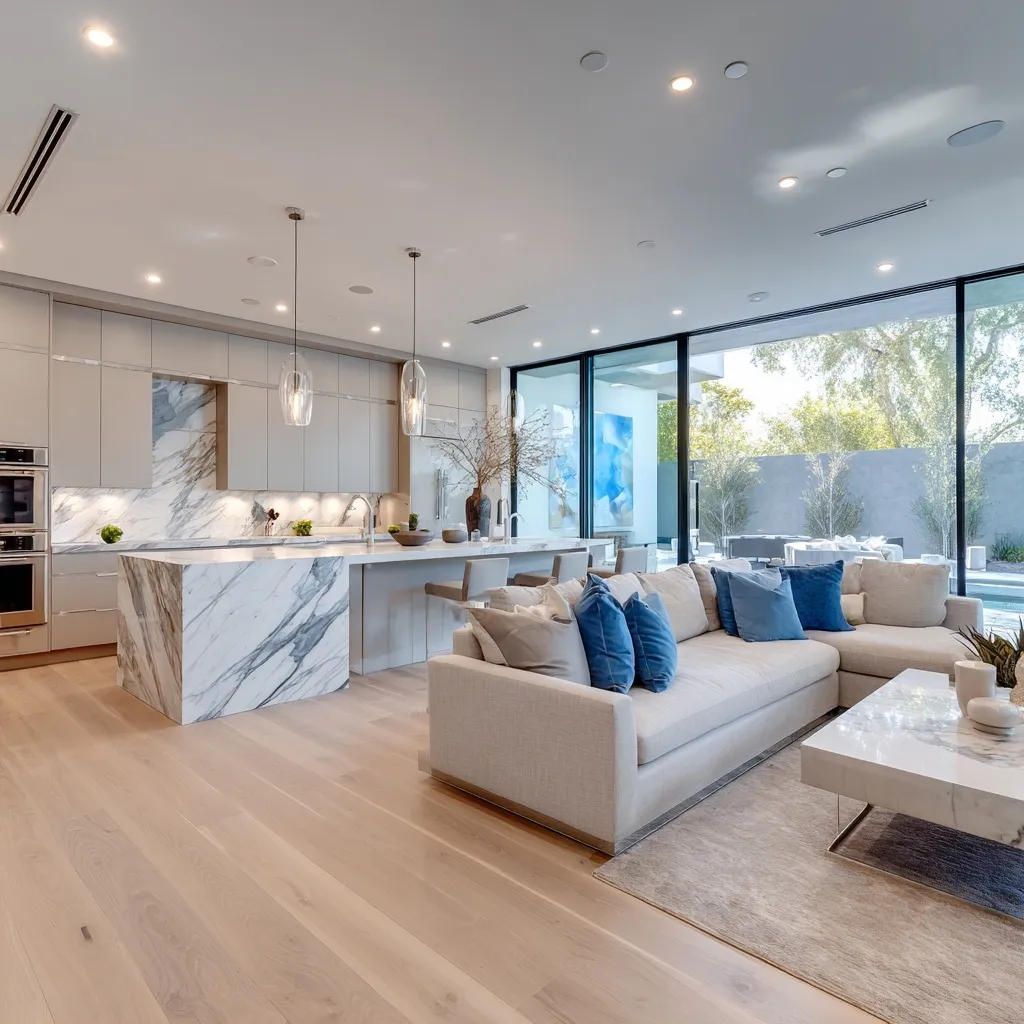 Modern open-concept kitchen and living room with marble island, light oak floors, and blue minimalist accents.
