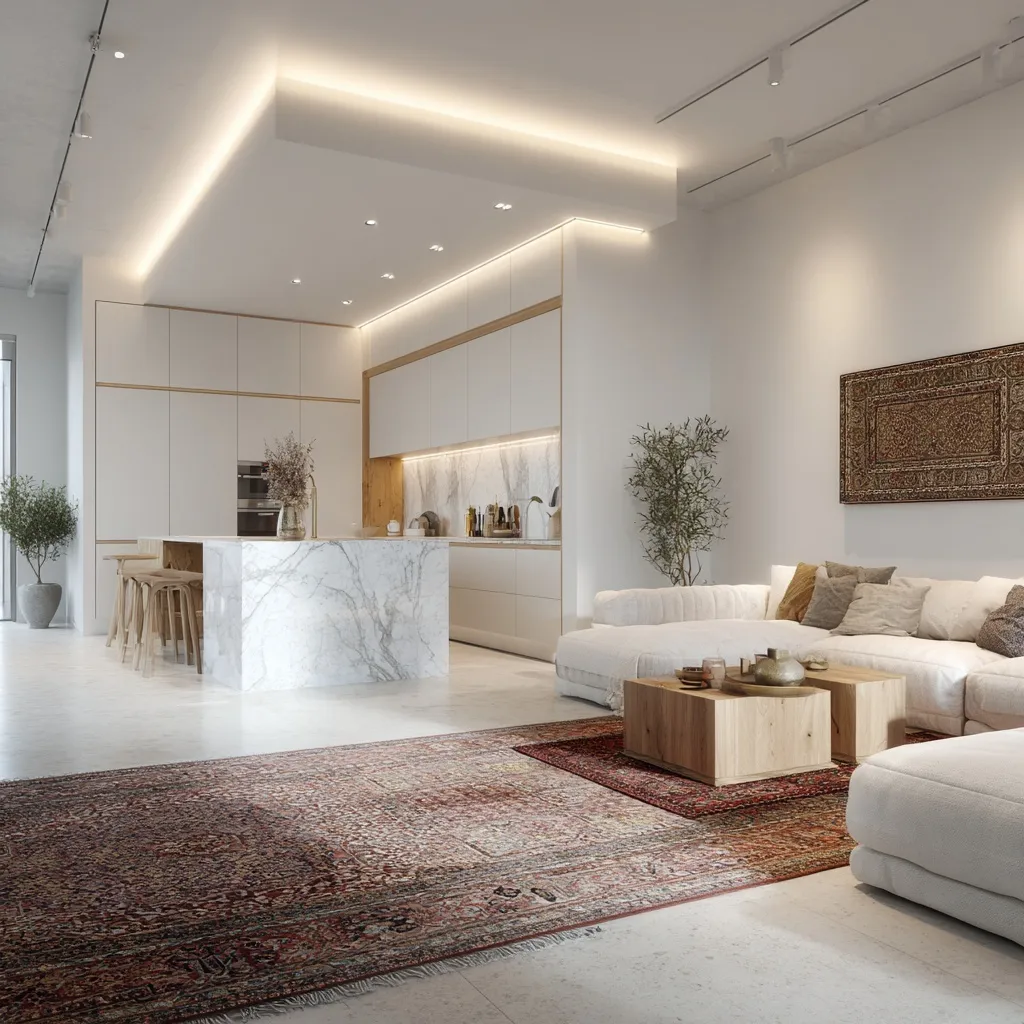 Minimalist open kitchen in an elegant Iranian apartment with wood and stone accents and soft lighting.