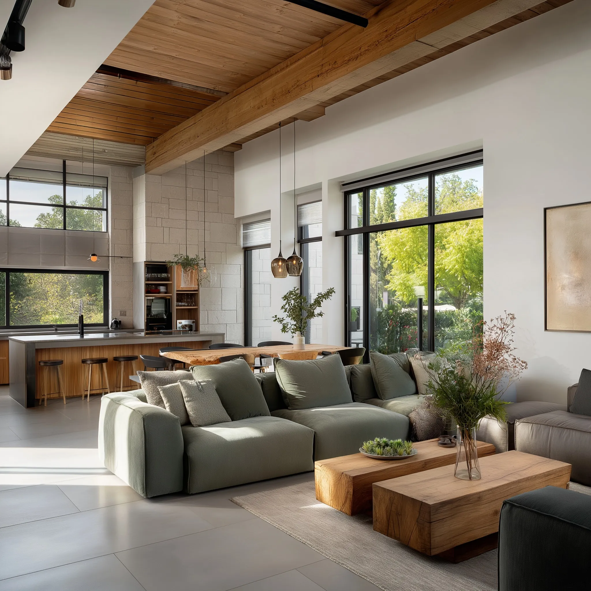 Modern Israeli-style living room with an open wood kitchen, kitchen island, and a green-grey sofa by a large window.