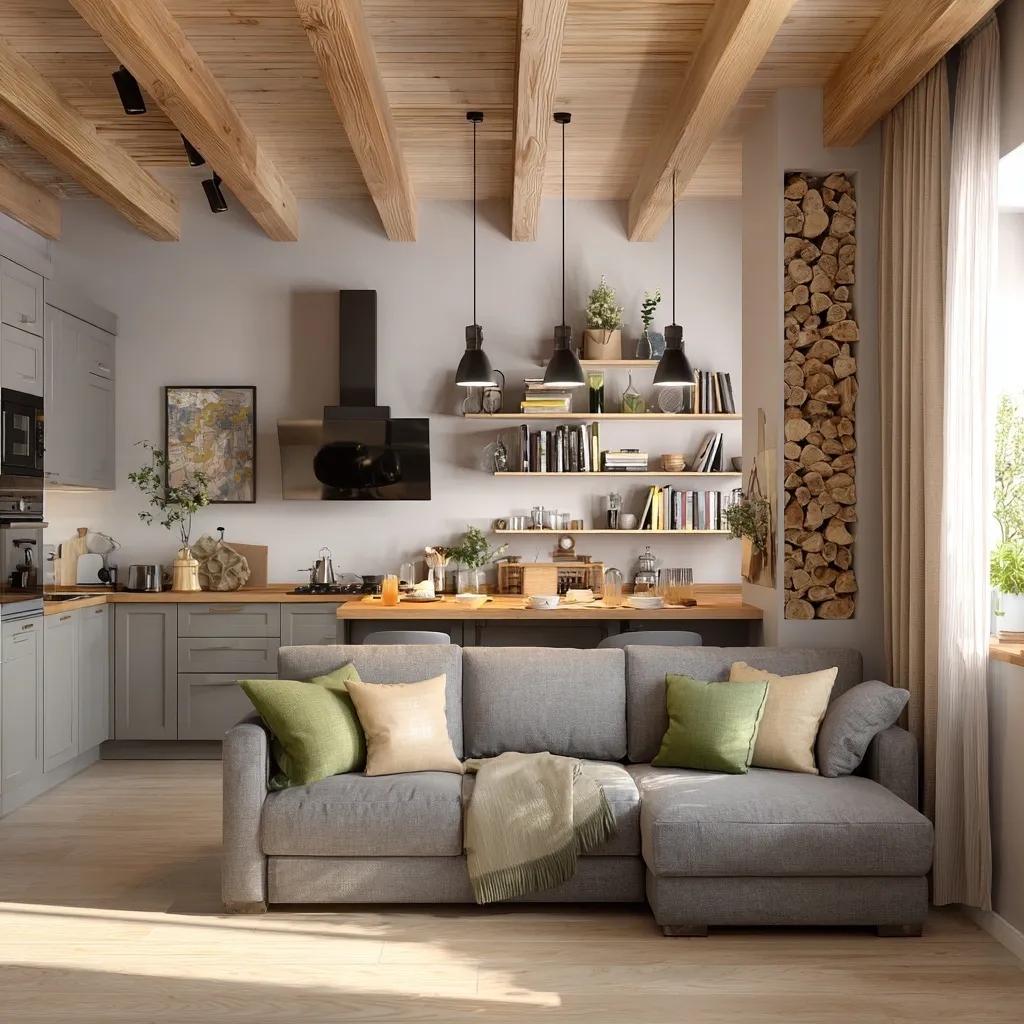 Cozy Scandinavian open-plan kitchen and living room with natural morning sunlight, oak floors, and wooden beams.