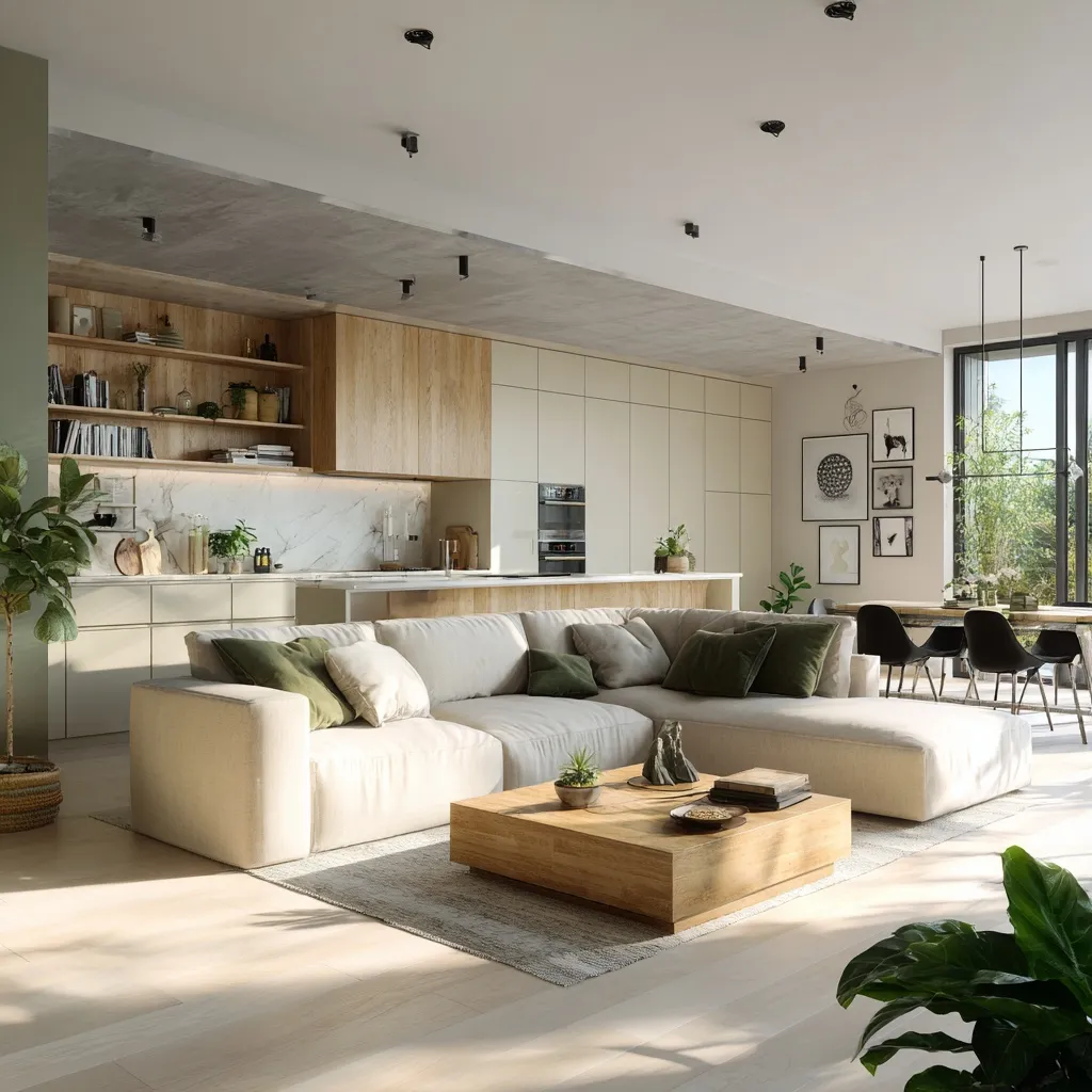 Modern open-plan kitchen and living room with Scandinavian design, natural light, and luxury oak and stone textures.