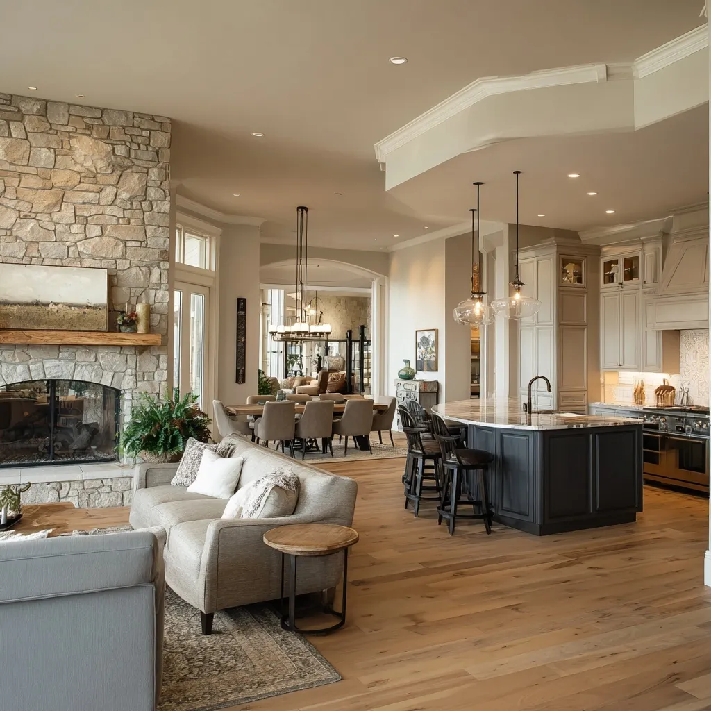 Modern open-concept living space with a curved kitchen island, tall pantry cabinets, dining area, and fireplace.
