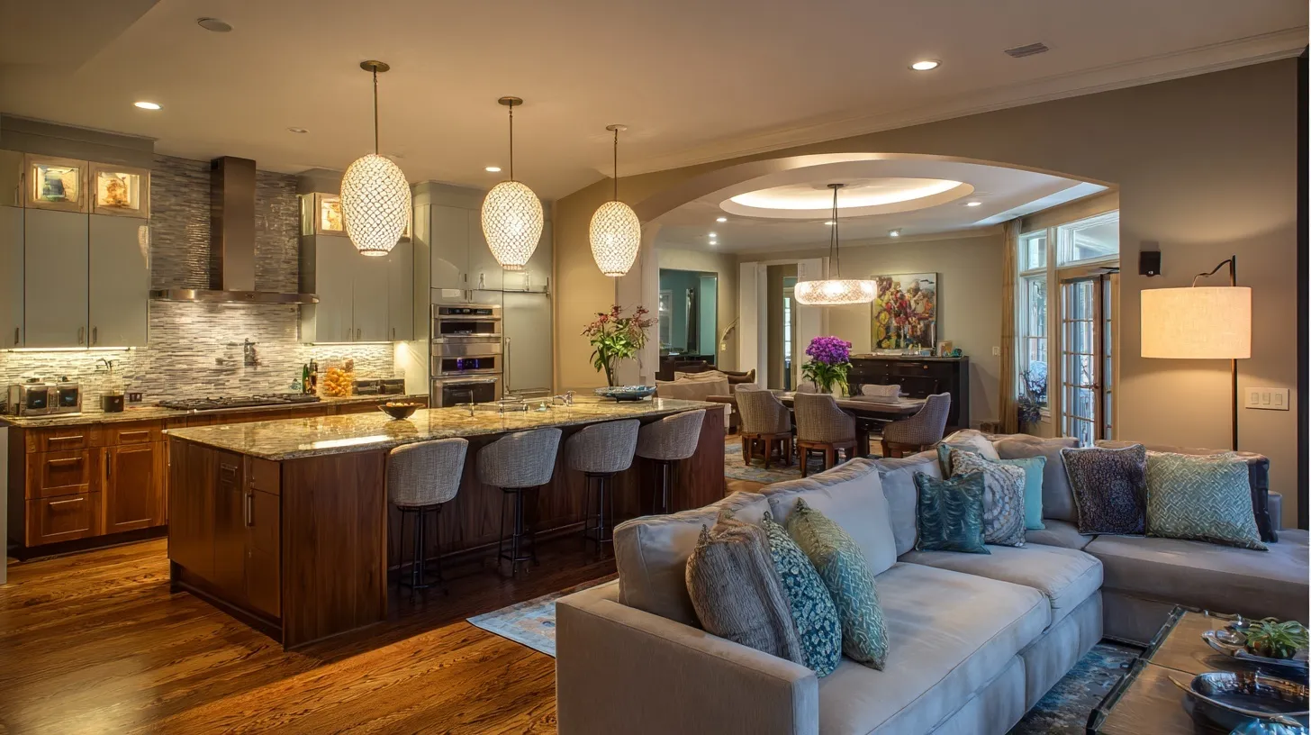 Modern open concept kitchen and living room interior with cozy evening layered lighting and pendant lamps.