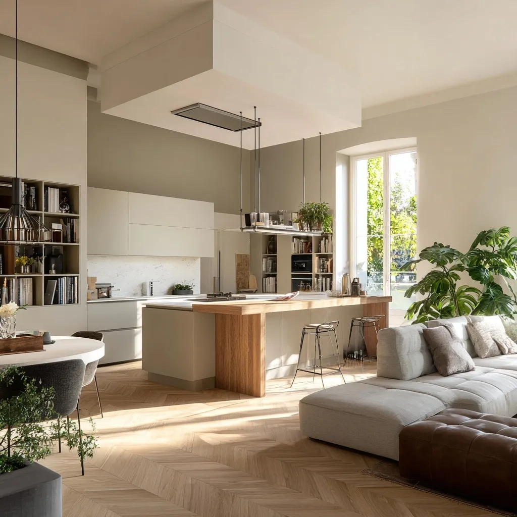 Minimalist open kitchen with island, French oak herringbone floors, and dining area in a modern luxury apartment.