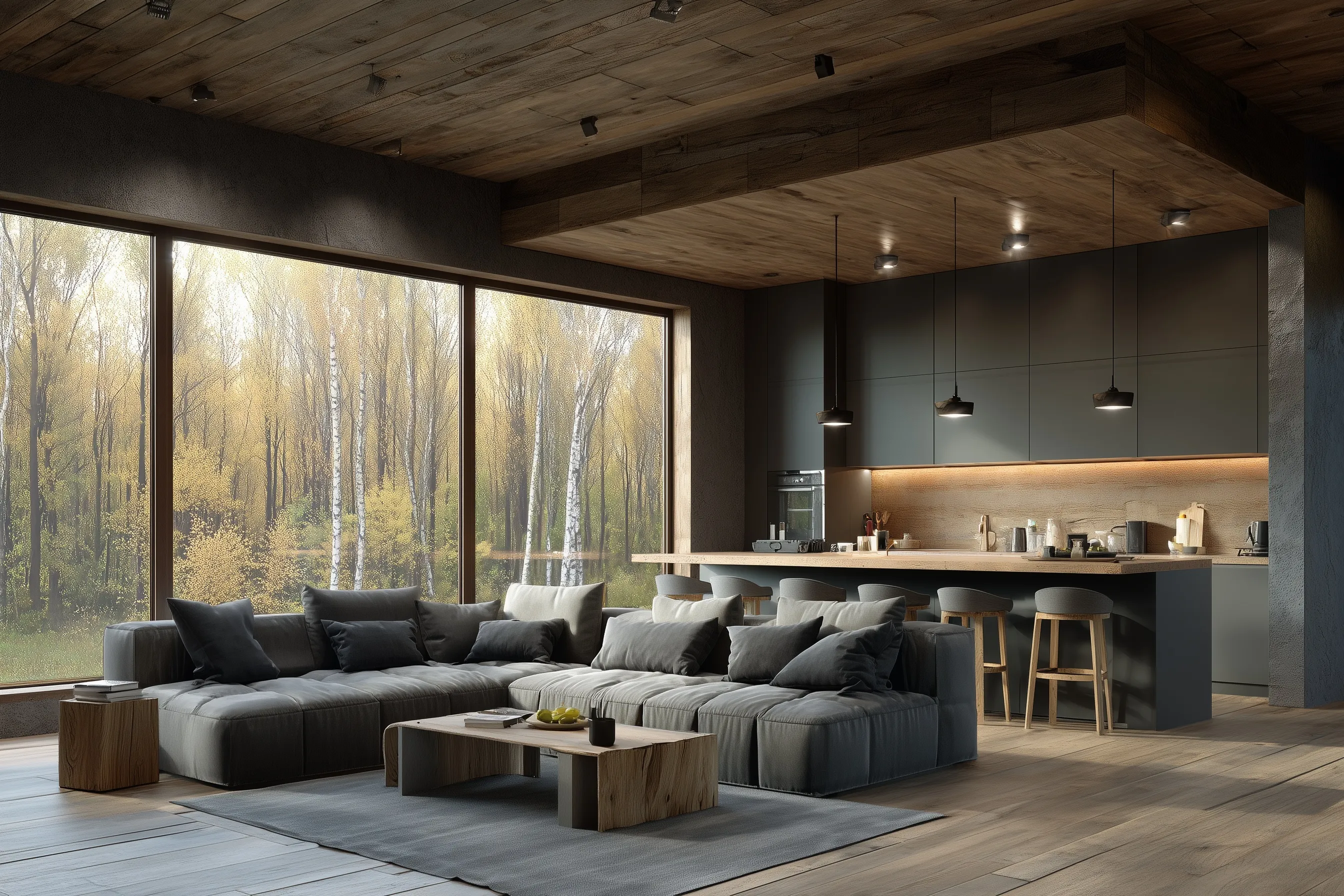 Modern open-plan kitchen and living room with floor-to-ceiling windows overlooking a lush deciduous forest.
