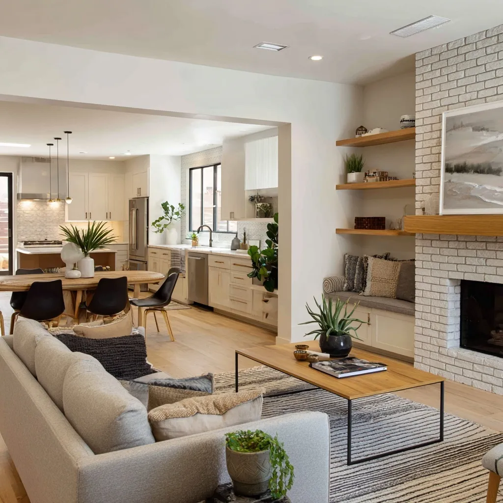 Modern open-concept kitchen and living area with linear layout, cozy dining built-ins, and bright front entry.