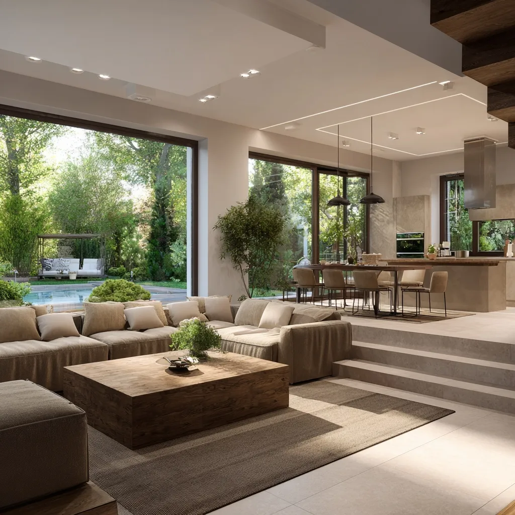 Luxurious open-plan guest room featuring an Italian design, sunken living area, kitchen, and garden pool view.