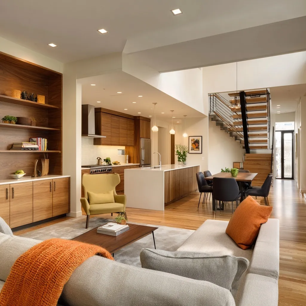 Modern open concept kitchen and living room with linear layout, sloped ceiling, and built-in dining cabinetry.