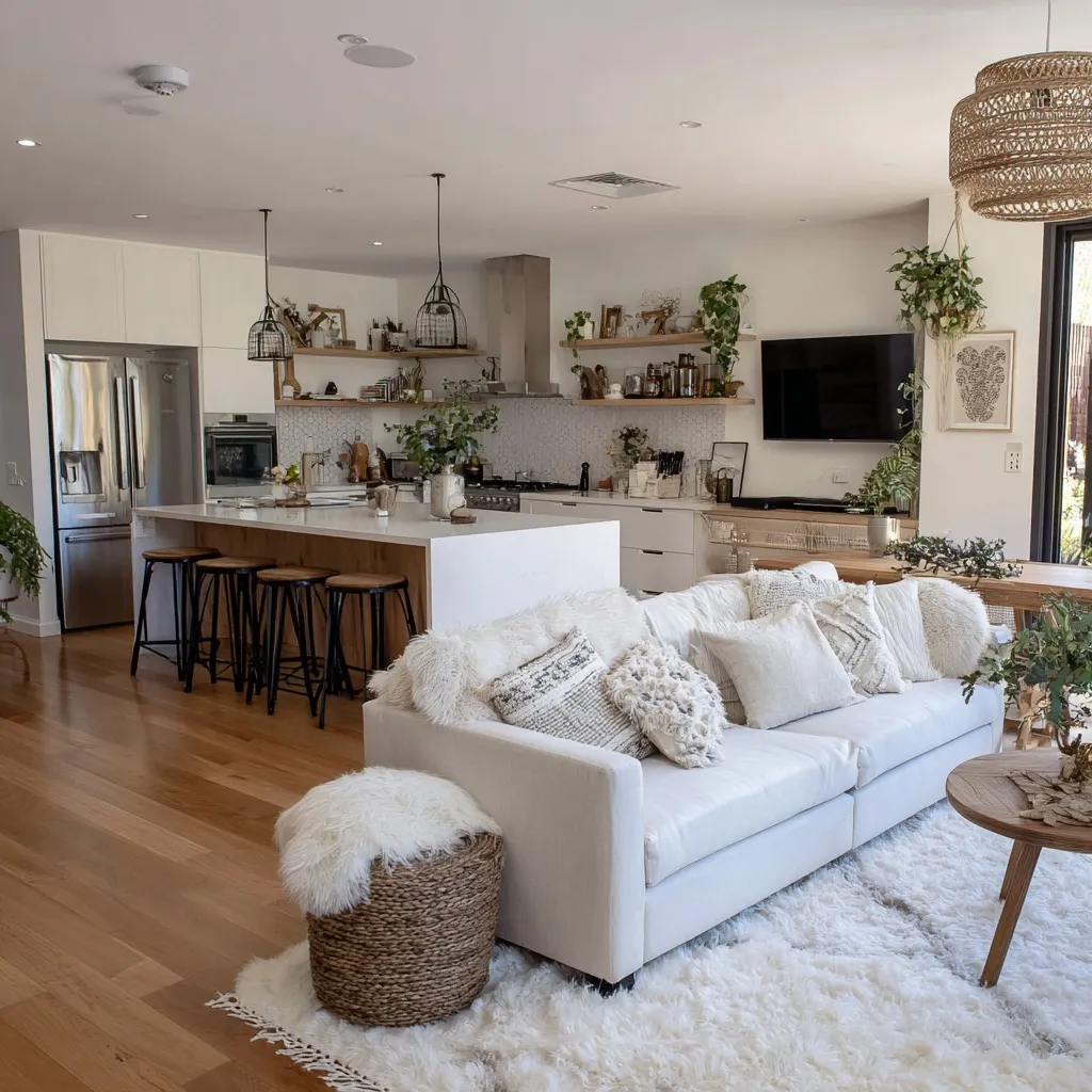 Modern open plan living room and kitchen interior with a cozy sofa, TV, fluffy rug, and kitchen island with chairs.