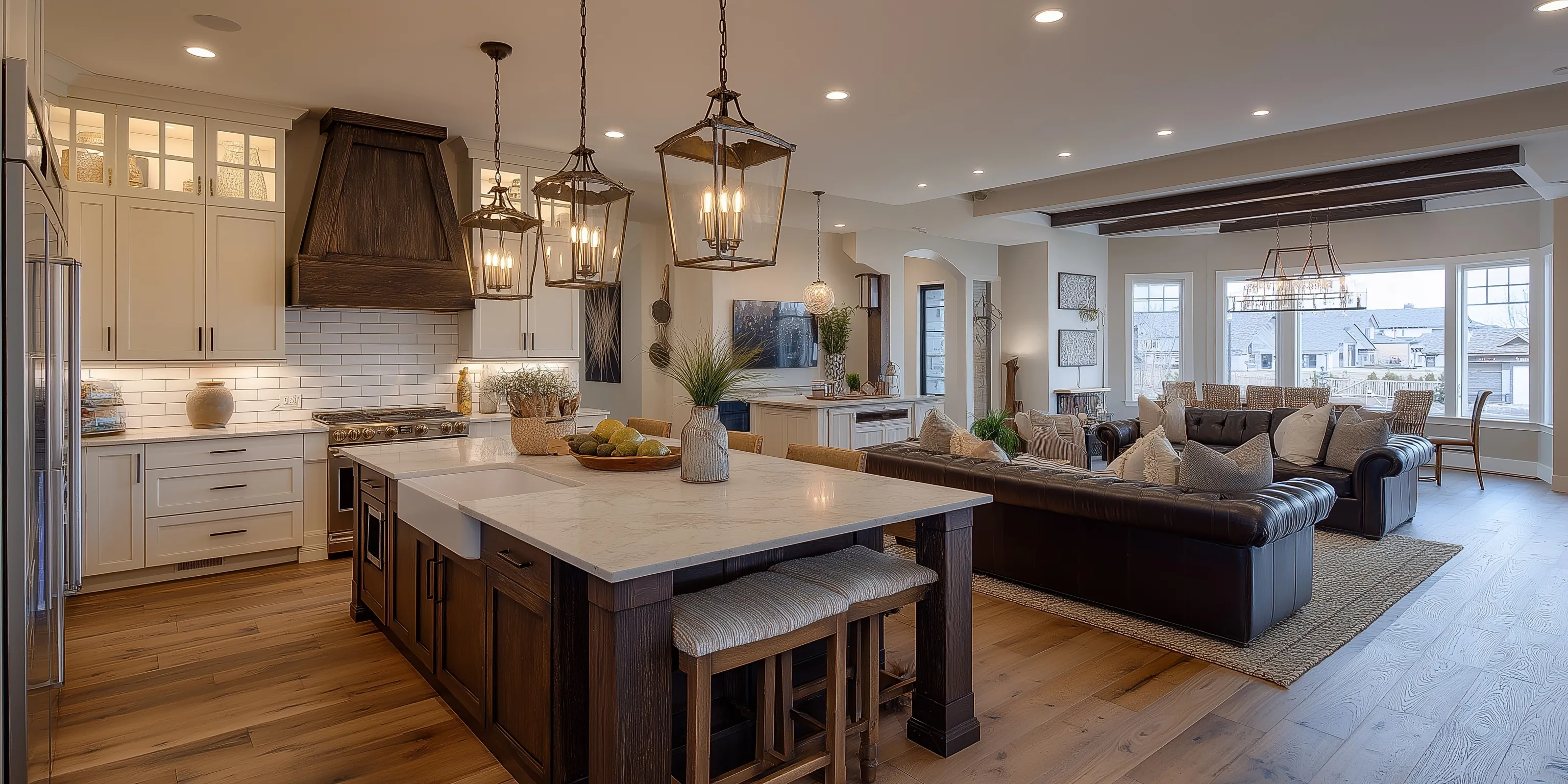 Modern farmhouse L-shaped kitchen with large island, creamy cabinets, and open concept living room view.