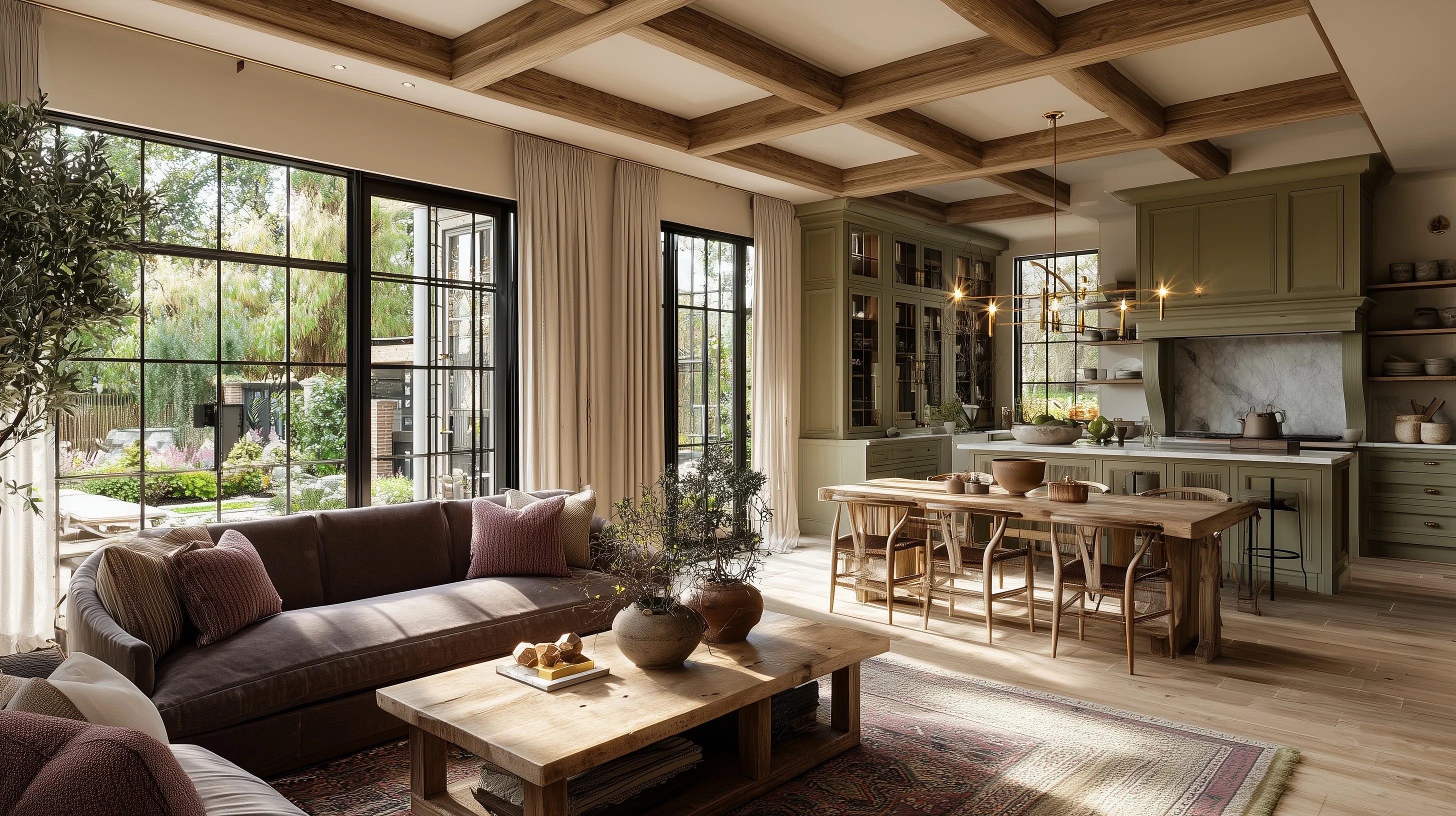 Modern cottagecore open-concept kitchen and living area with olive green cabinets, plum sofa, and sun-lit garden view.