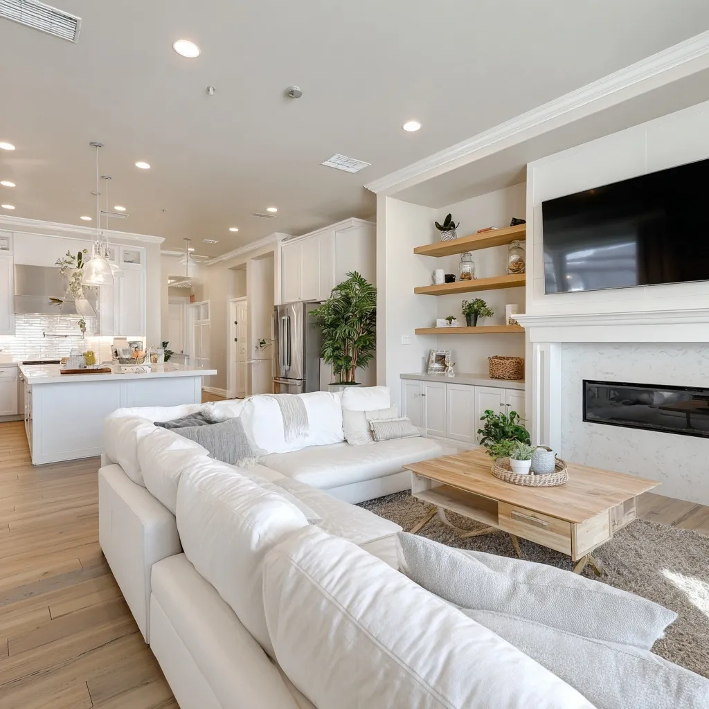 Modern open concept kitchen looking into a clean, cozy living room in a beautiful Santa Clarita home.
