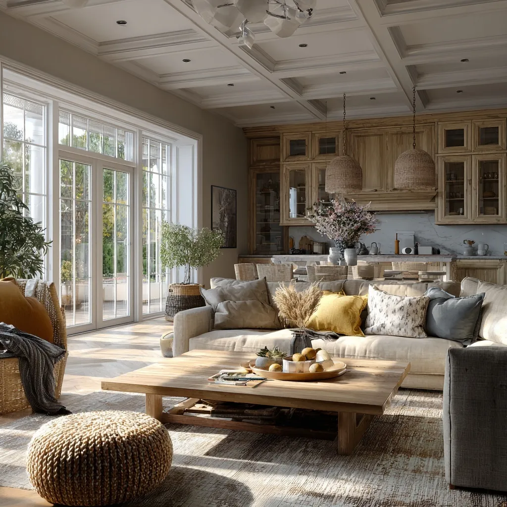 Hamptons style open kitchen and living room interior featuring natural earthy tones and high-end design.