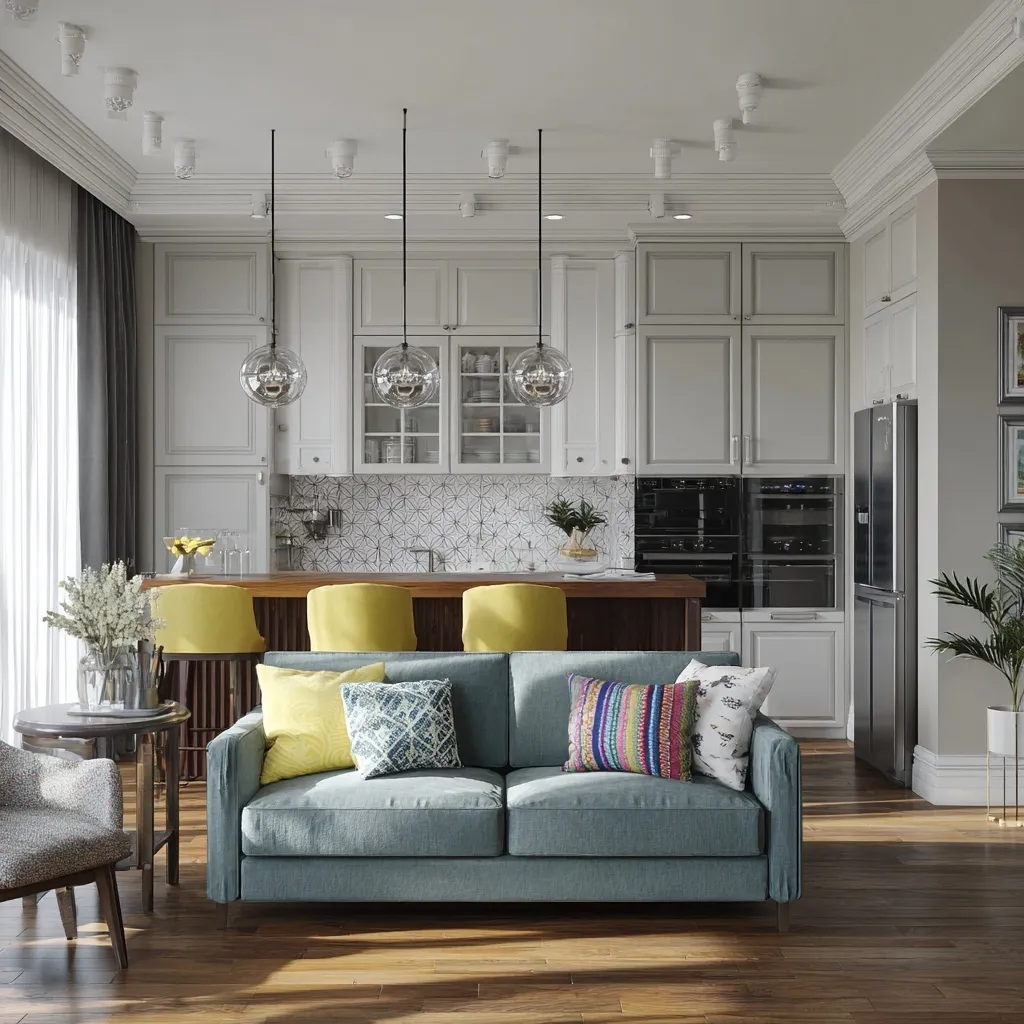 Neoclassical loft open kitchen and living room featuring a modern island, bar stools, and stylish sofa in an American home.