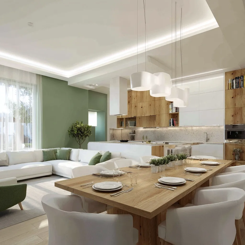 Modern open-plan kitchen and living room with natural materials, linen white, sequoia, and forest green accents.