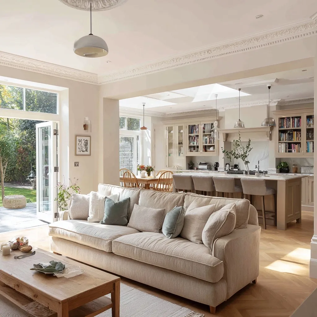 Modern open-plan kitchen and living room with a family cooking, featuring light oak, shaker shelves, and garden view.