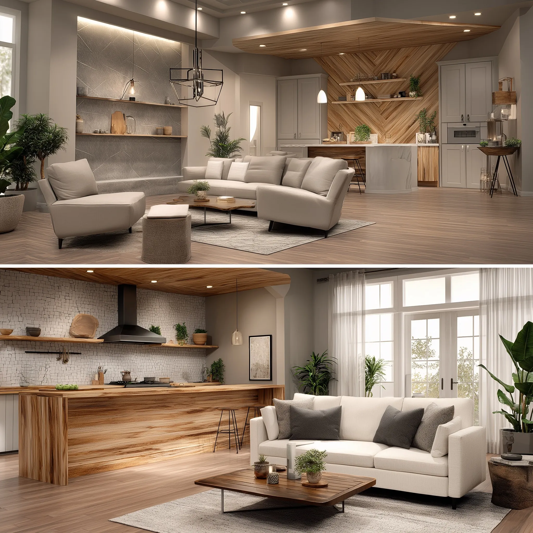 Modern open-plan kitchen and living room with bright Scandinavian interior design and minimalist home decor.