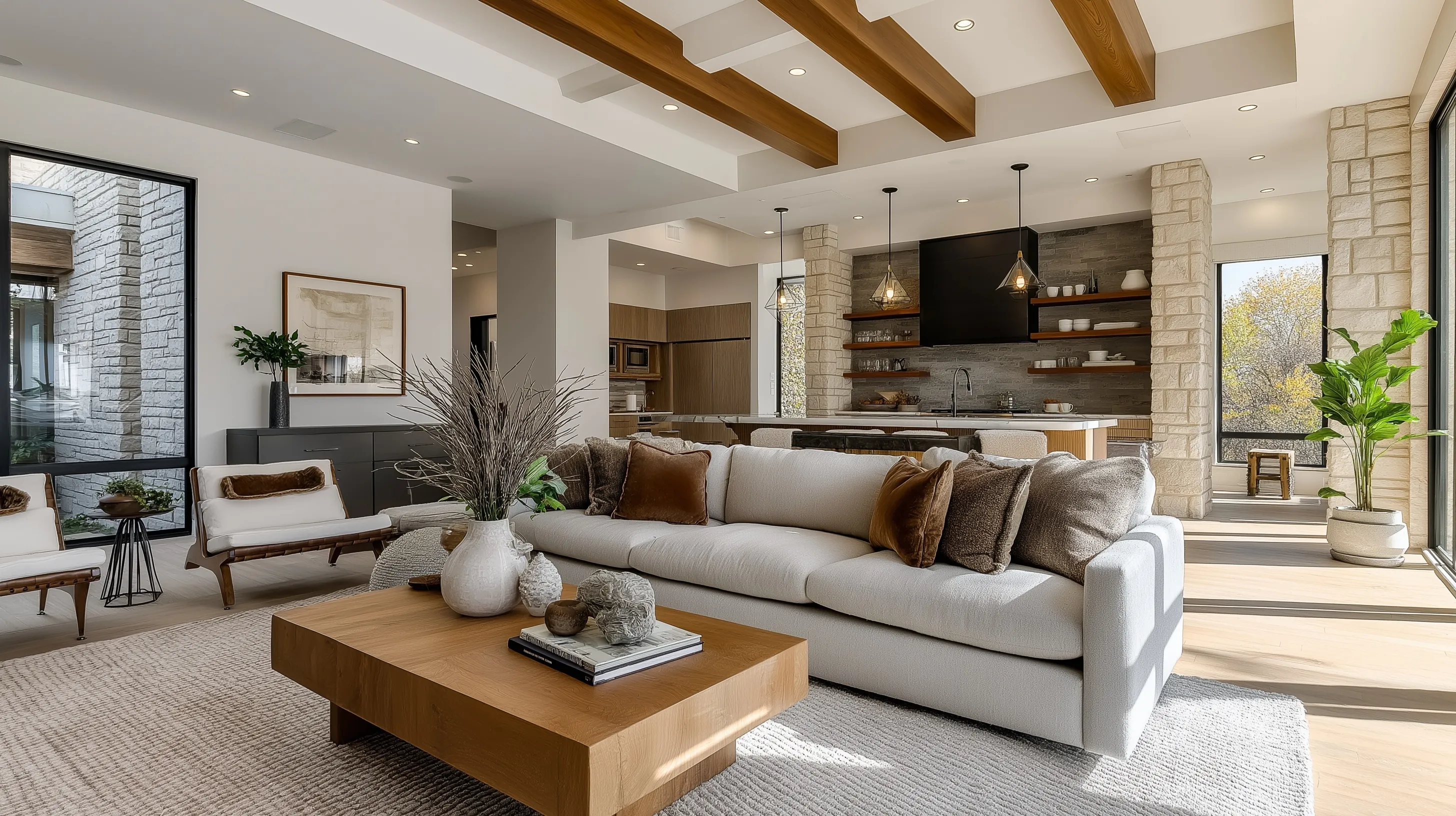 Modern minimalist open kitchen with natural wood tones, stone textures, and luxury interior design elements.