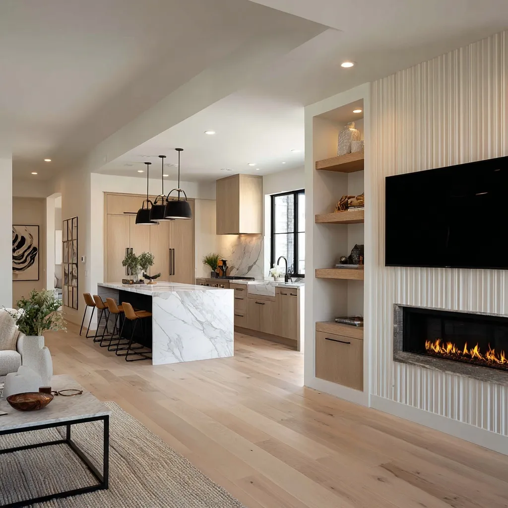 Modern open-concept living room and kitchen with white oak floors, black marble island, and electric fireplace.