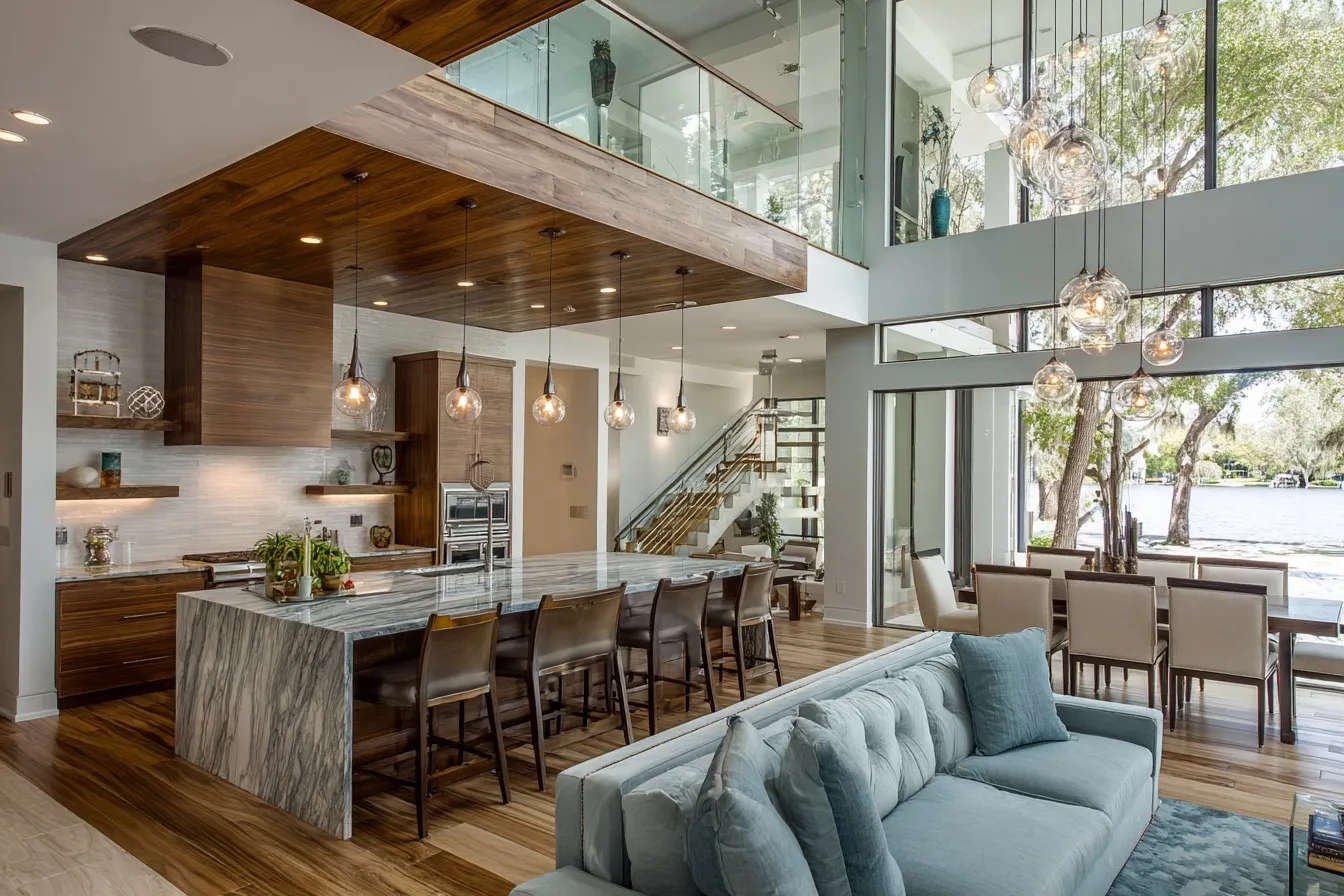 Modern organic open kitchen in a luxury lakefront home, featuring bright Central Florida interior design.