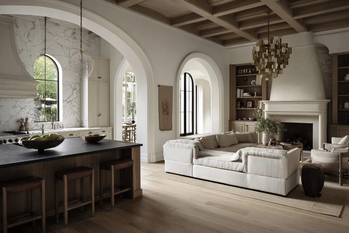 Sunlit transitional European estate kitchen and family room with marble backsplash, coffered ceilings, and warm decor.
