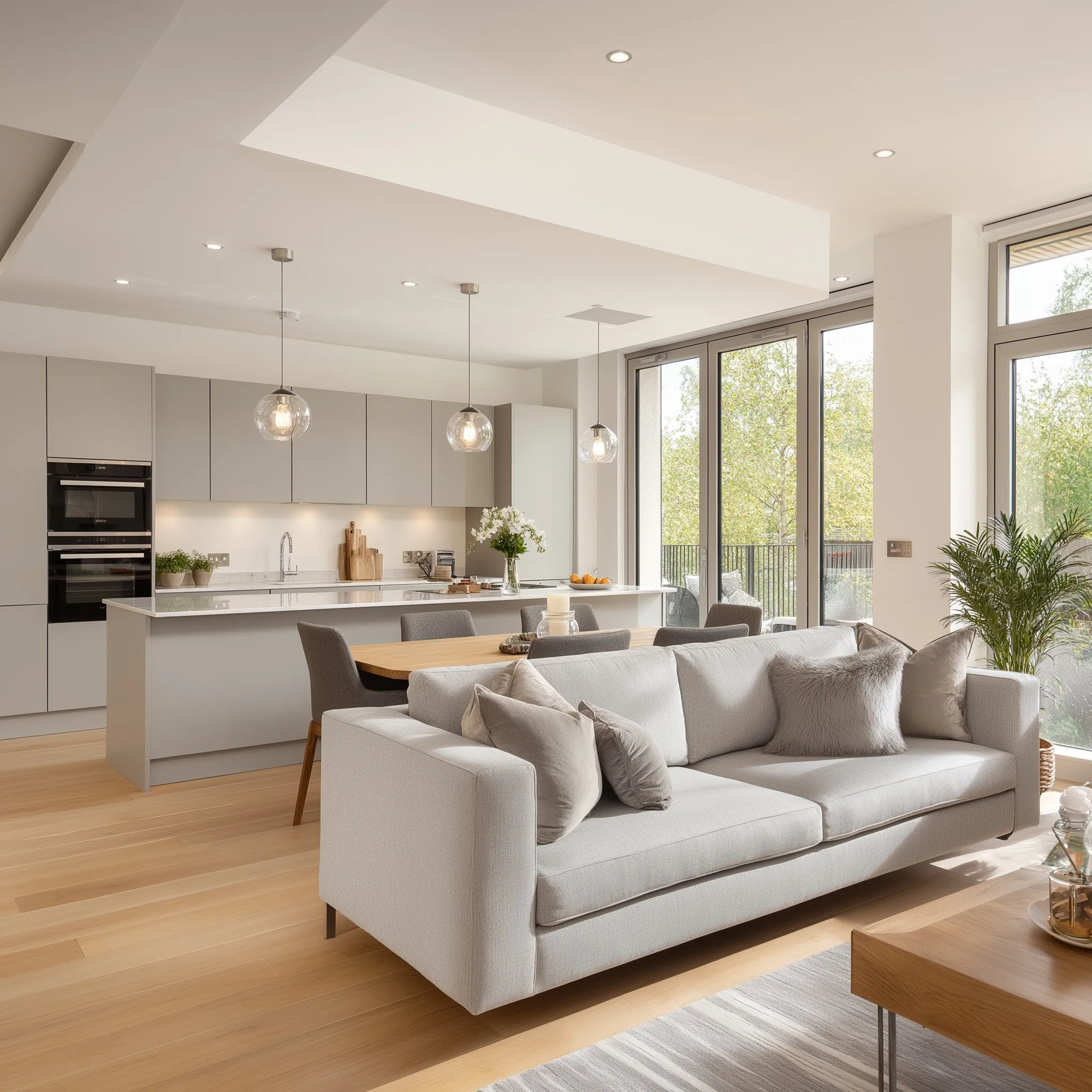 Modern open-plan kitchen and living room interior in a British home with contemporary design and natural light.