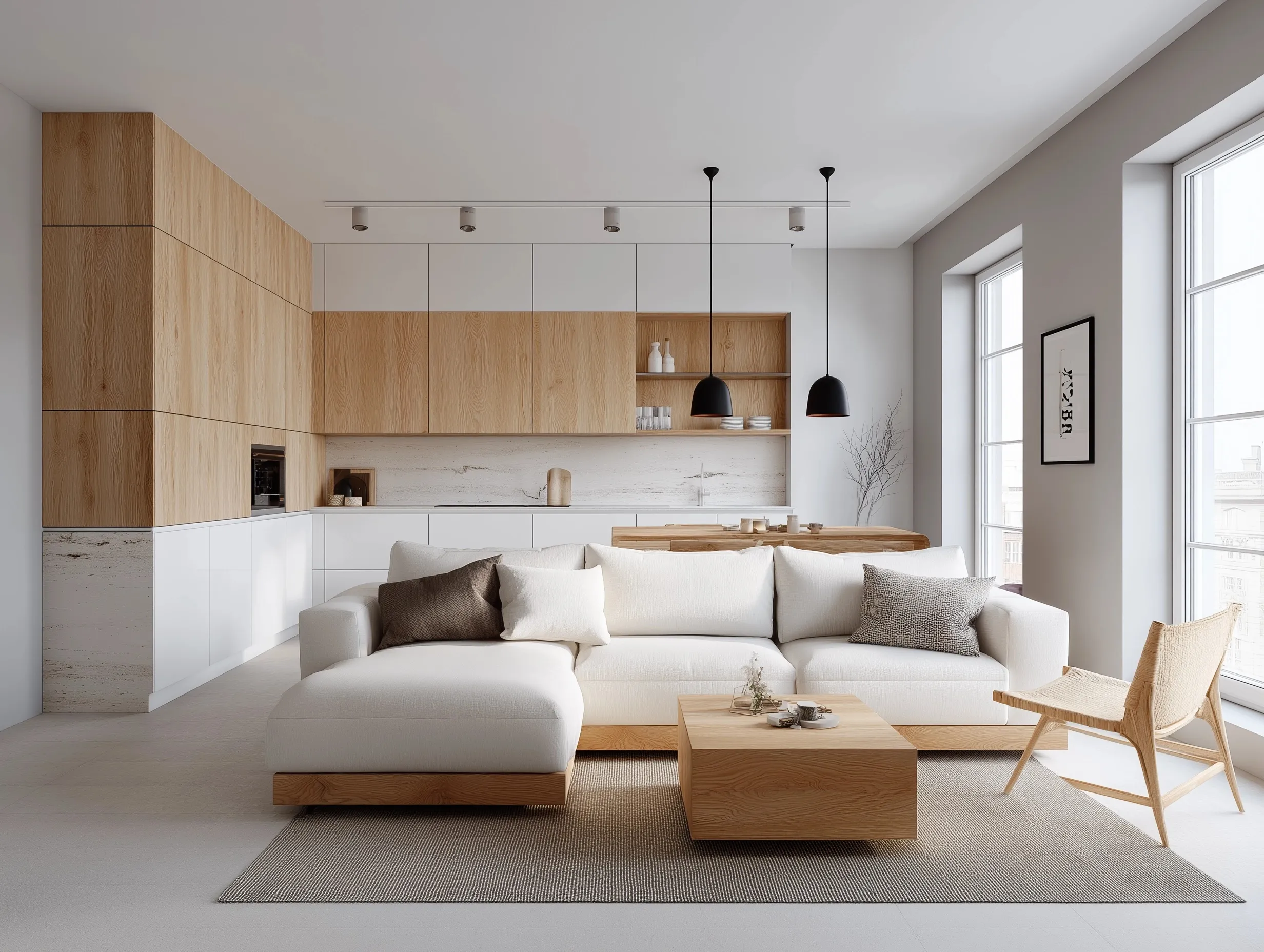 Modern open kitchen and living room interior with white sofas, wooden accents, and bright natural light.