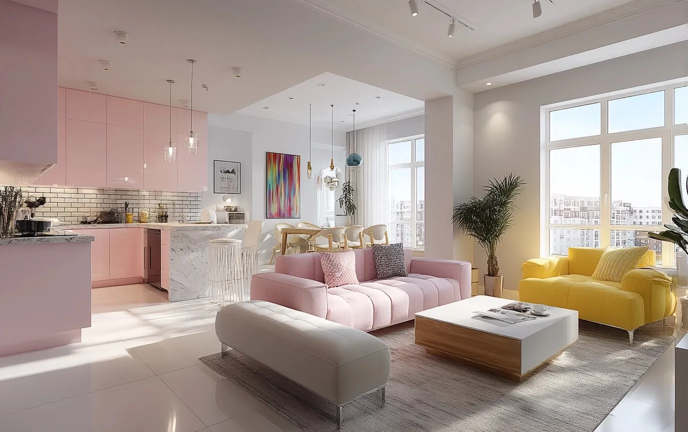 Modern open kitchen and living room interior in Tyumen with sleek furniture, pastel colors, and bright airy design.