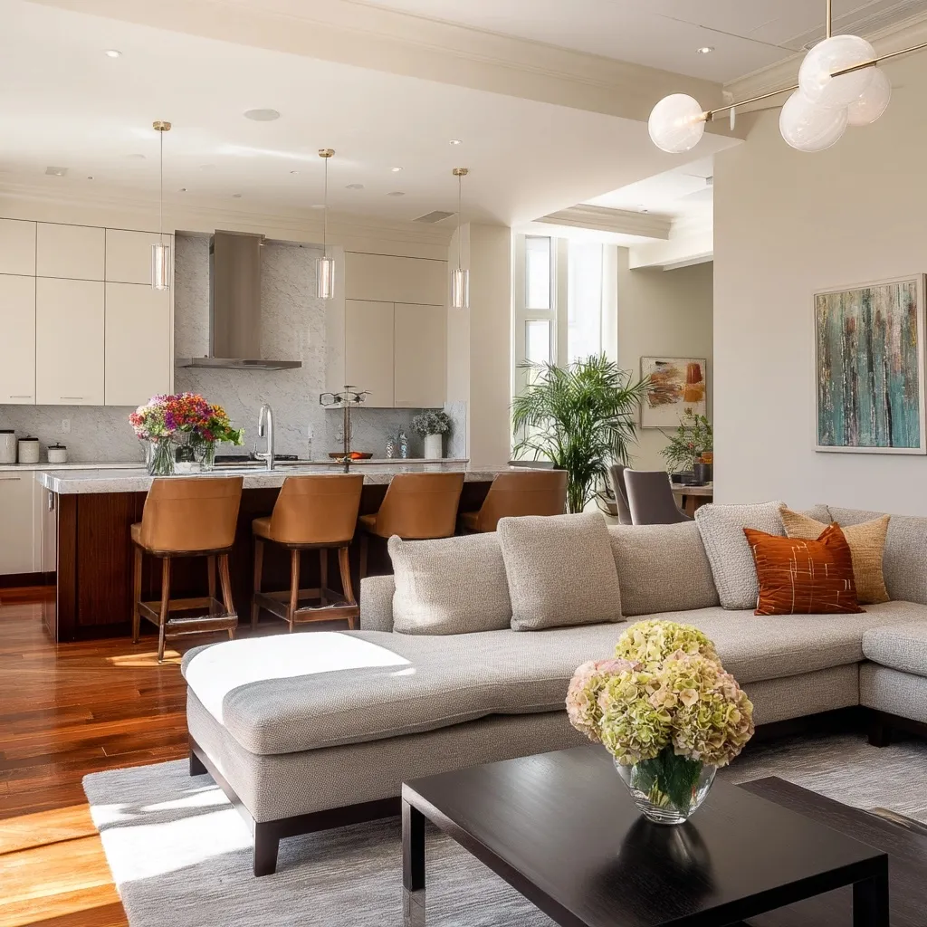 Modern open-concept kitchen and living room interior with bright, clean, and minimalist design.