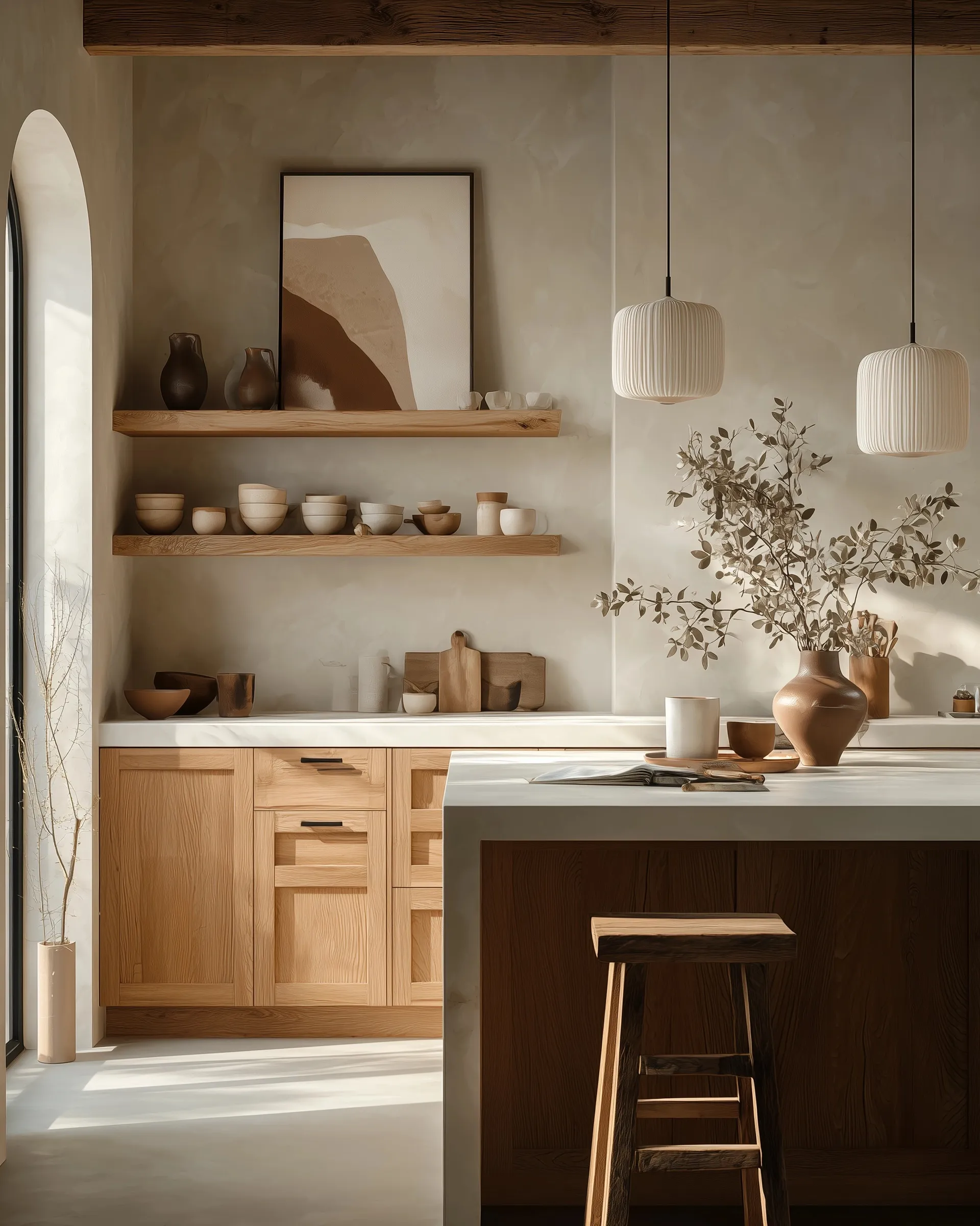 Japandi kitchen with natural oak cabinets, white stone counters, and minimalist decor in soft morning light.