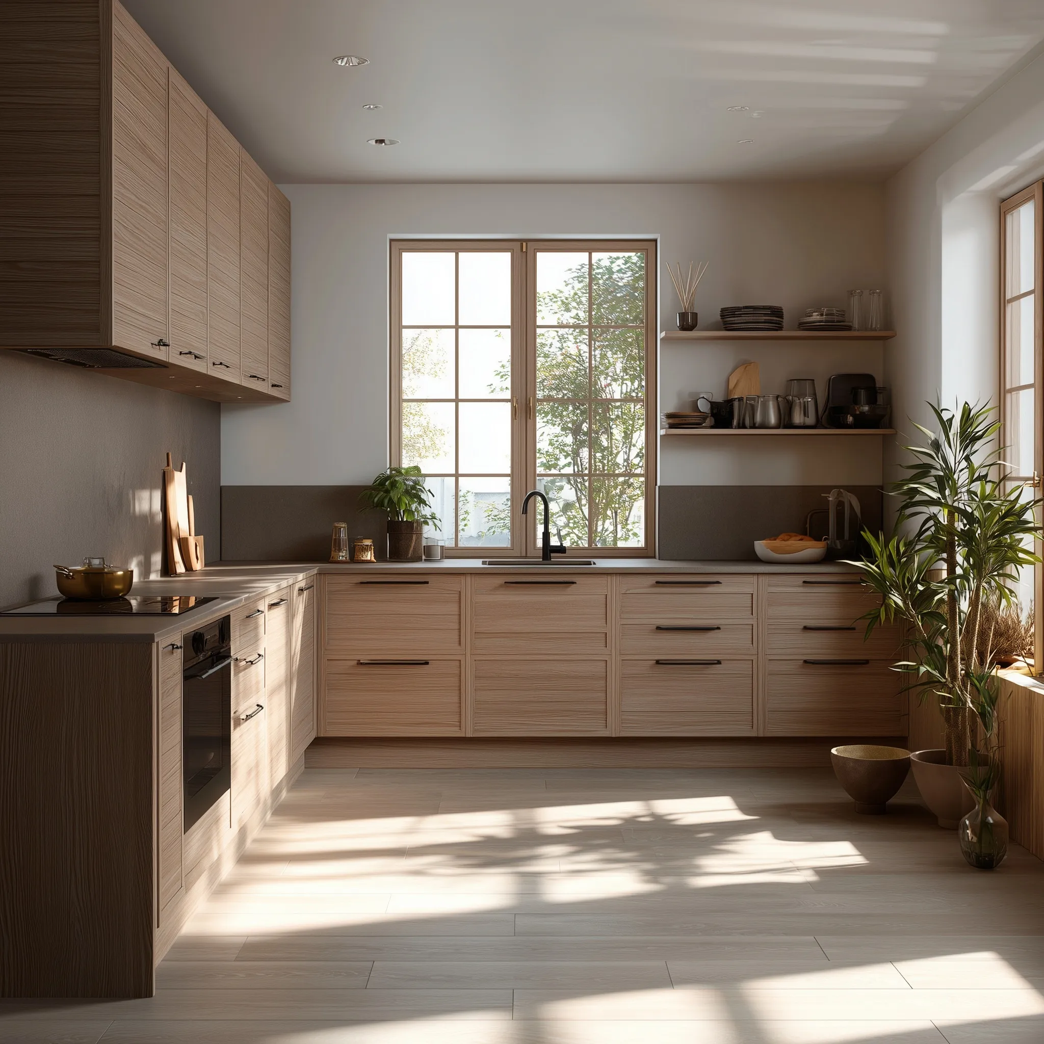 Sunny modern kitchen interior featuring natural light oak wood cabinets and organic kitchen design elements.