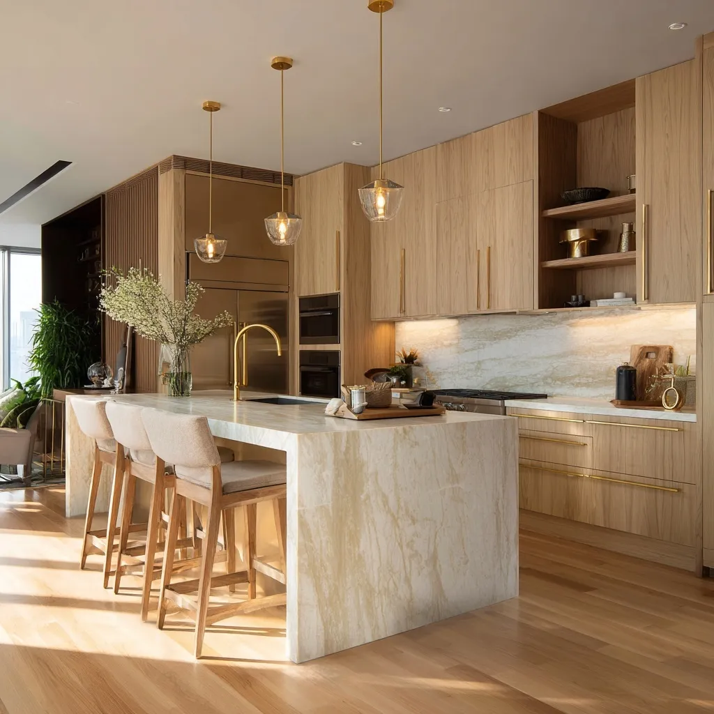 Modern luxury kitchen with organic oak wood flooring, dark wooden cabinets, gold accents, and pearl marble island.
