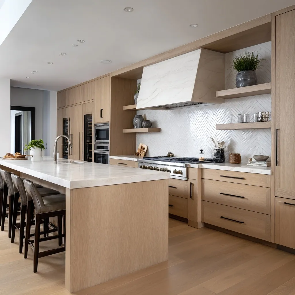 Modern European kitchen featuring organic white oak cabinetry and minimalist design.