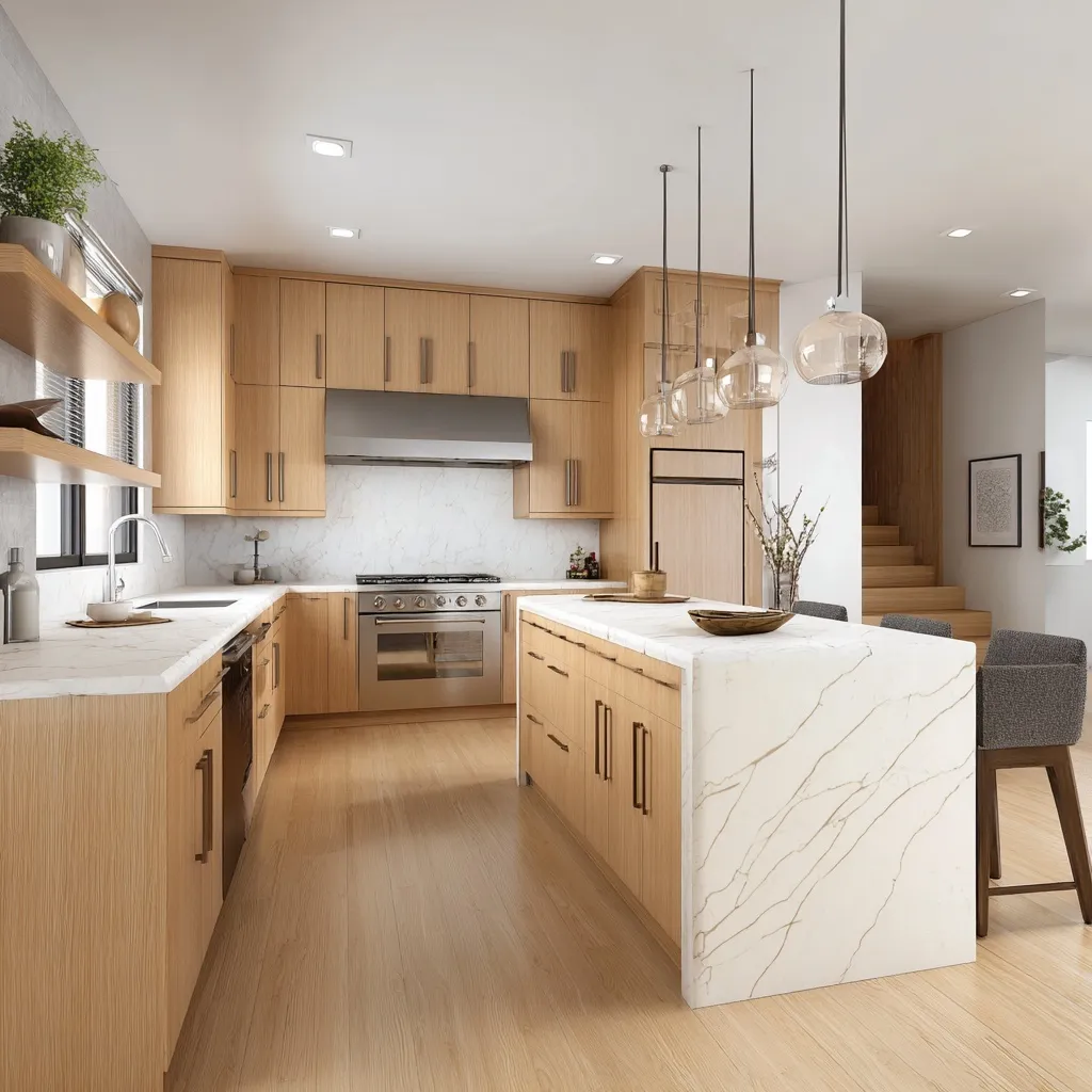 Modern kitchen interior featuring natural oak wood cabinets and elegant white granite countertops.