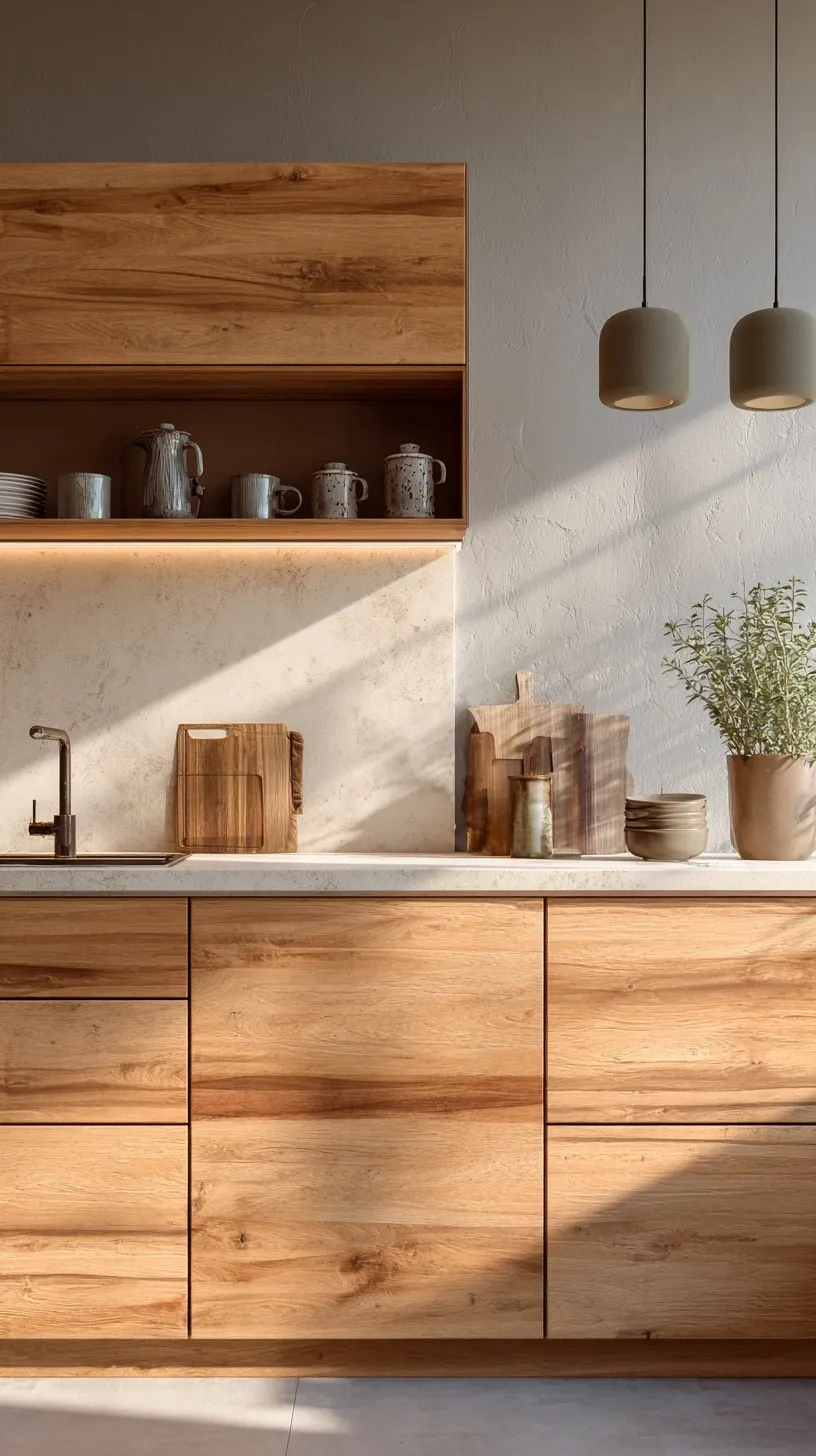 Flat lay of a premium Scandinavian kitchen with oak wood furniture, sleek lighting, and natural sunlight.
