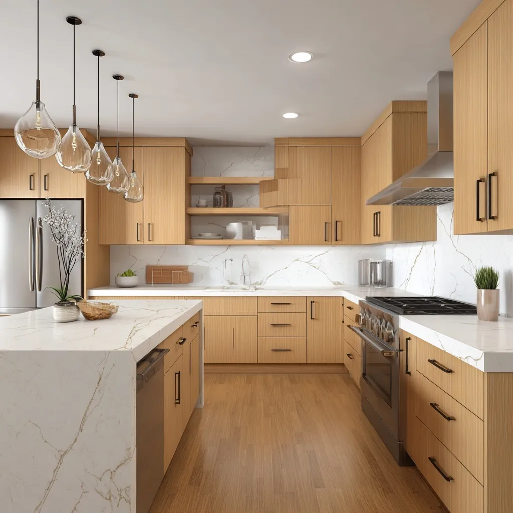 Modern kitchen with natural oak wood cabinets and white granite countertops in a bright, organic home setting.