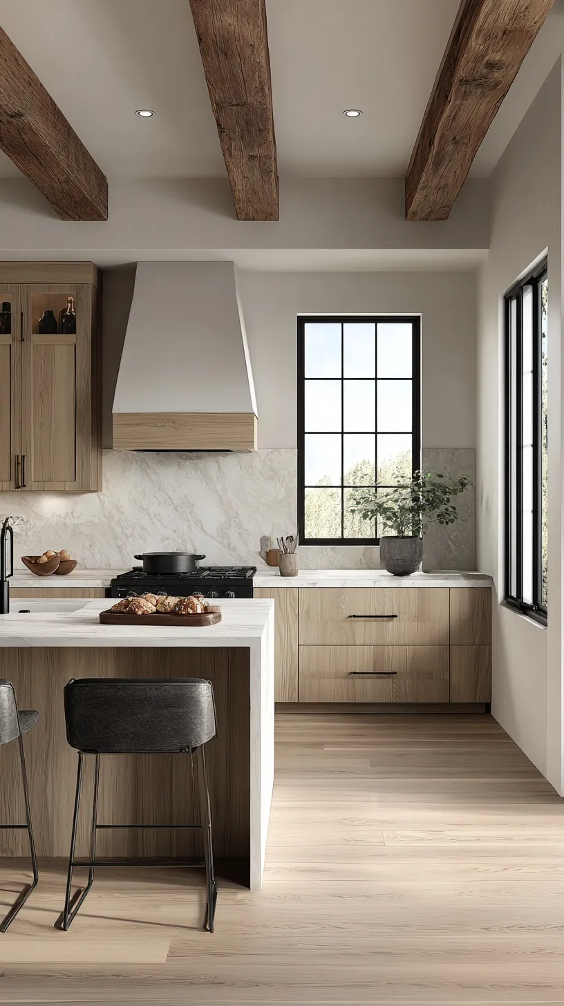 Modern organic kitchen interior with oak wood cabinets, light wood floors, and a bright tiled backsplash.