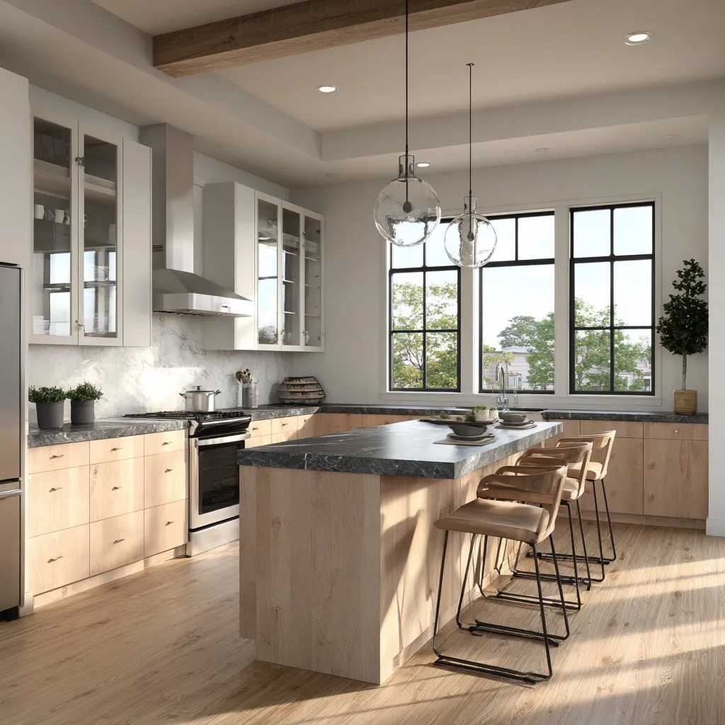 Modern organic kitchen with white cabinets, oak accents, granite countertops, and island in a sunlit corner room.