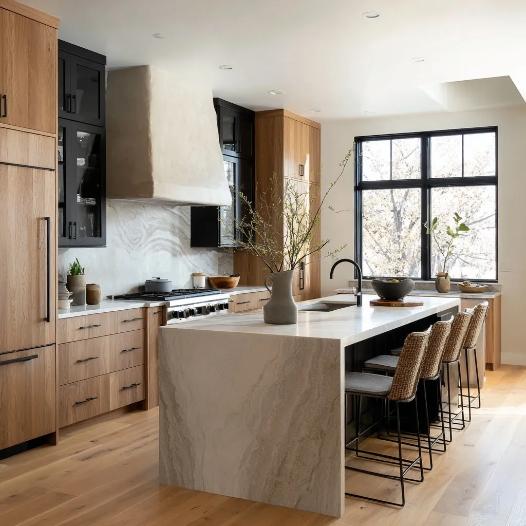 Modern organic kitchen with medium oak cabinets, black accents, plaster range hood, and cream quartzite counters.