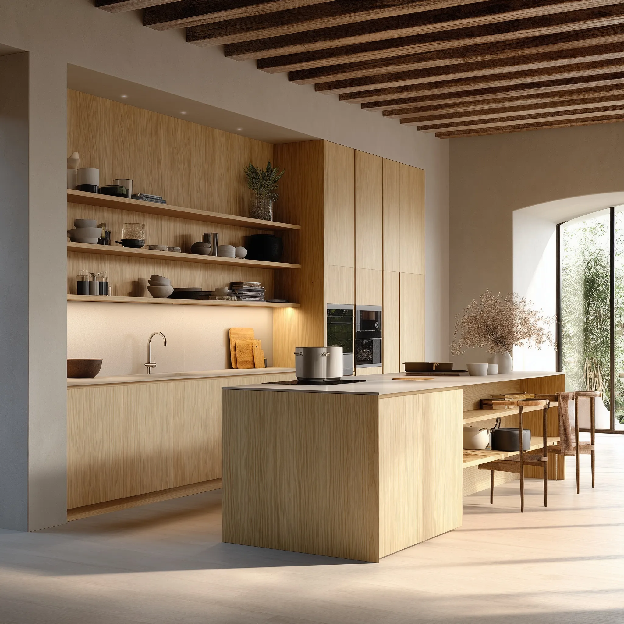 Modern organic kitchen with light oak cabinetry, open shelving, and natural wood textures in bright lighting.