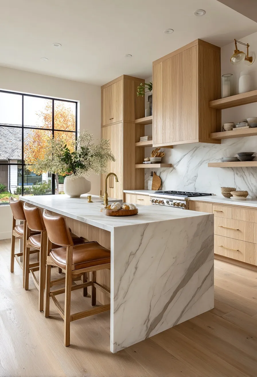 Modern organic kitchen with oak cabinets, marble countertops, brass fixtures, and leather stools in natural light.