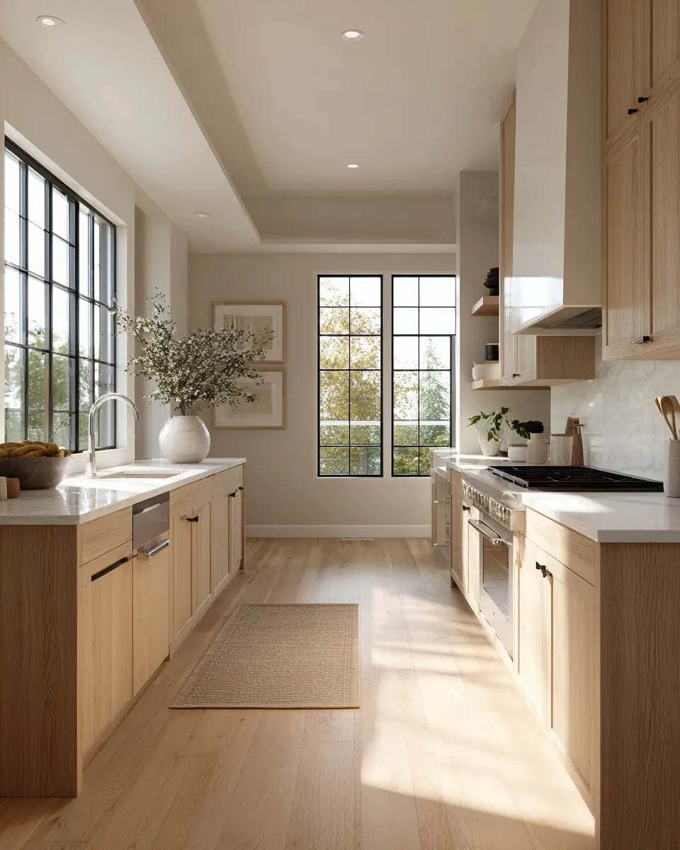 Bright, airy kitchen featuring organic oak wood cabinetry, clean countertops, and soft, warm natural morning light.