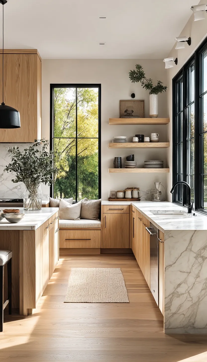 Modern Scandinavian kitchen with light oak cabinetry, white marble countertops, and black matte fixtures.