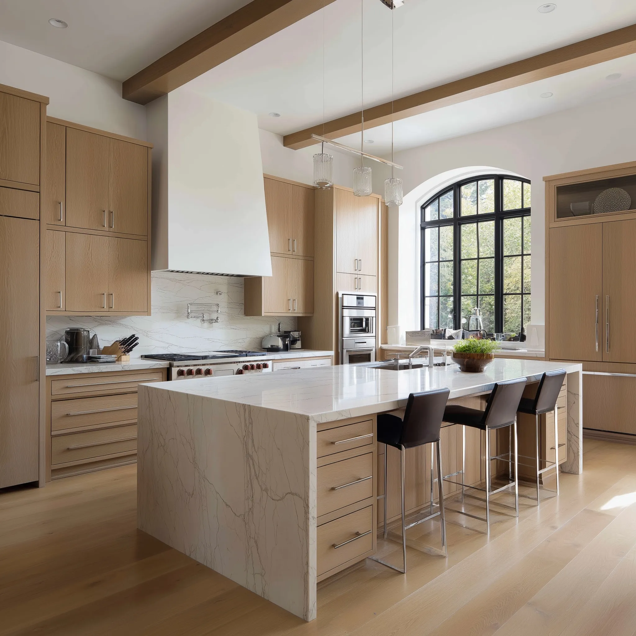 Modern luxury kitchen featuring custom organic white oak cabinets in a bright, high-end minimalist interior.