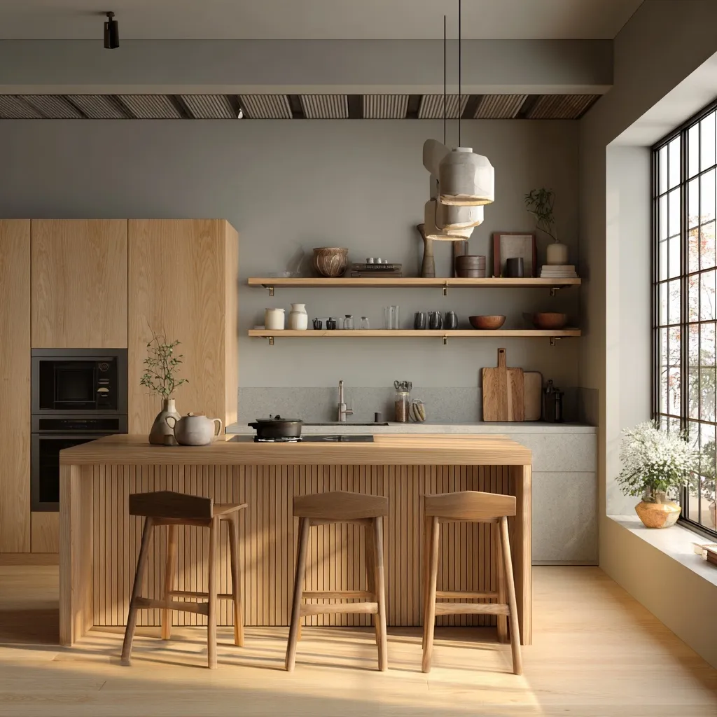 Japandi style kitchen interior with natural oak wood cabinetry and warm light gray tones.