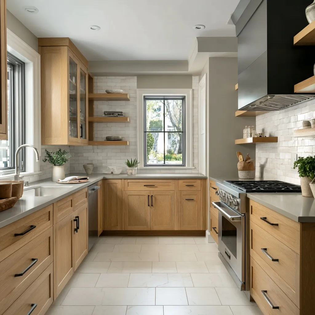 Transitional kitchen featuring light oak wood cabinets, gray countertops, and a white tiled backsplash and floor.