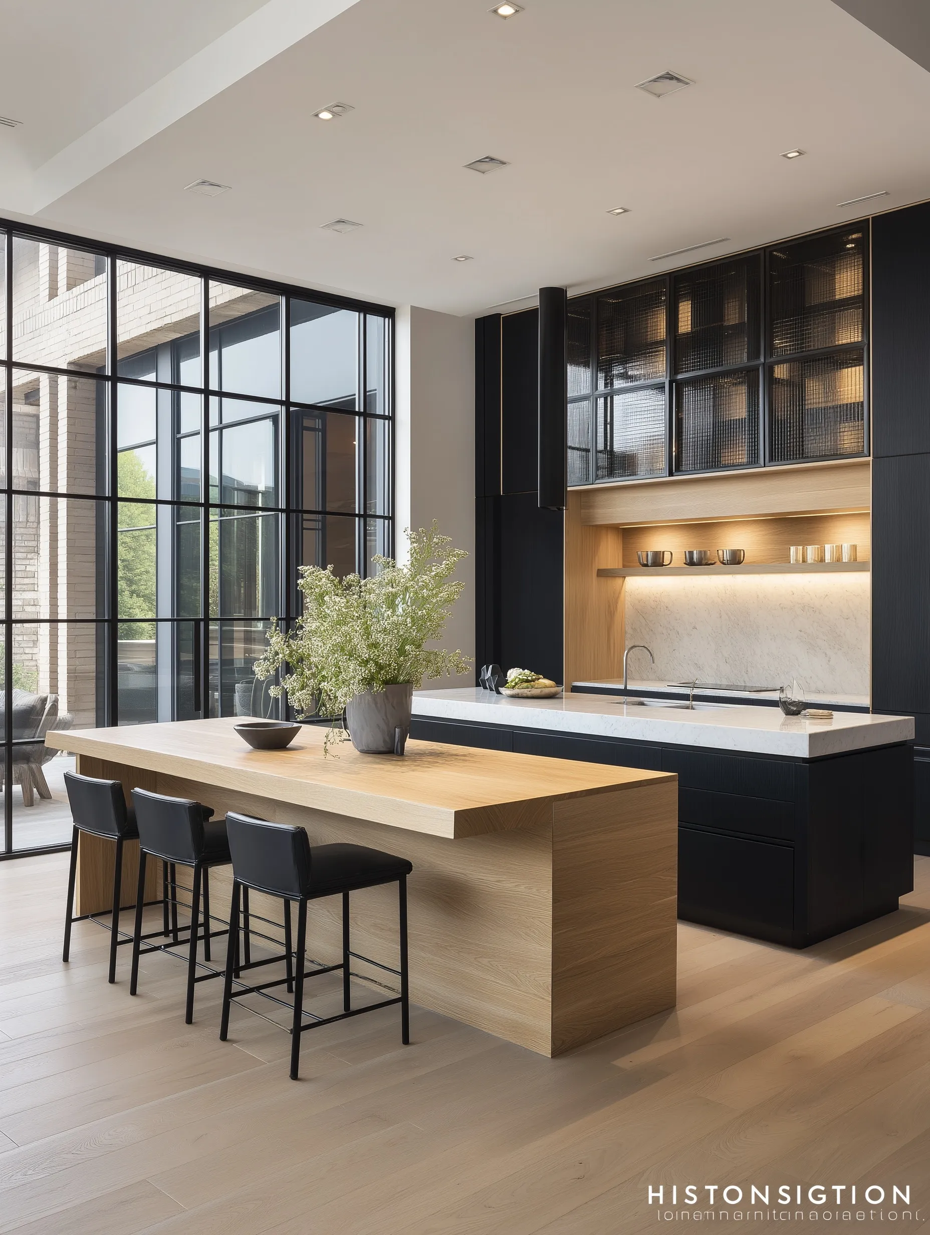 Modern kitchen with two islands, light oak wood, black metal accents, and airy, minimalist design by glass windows.