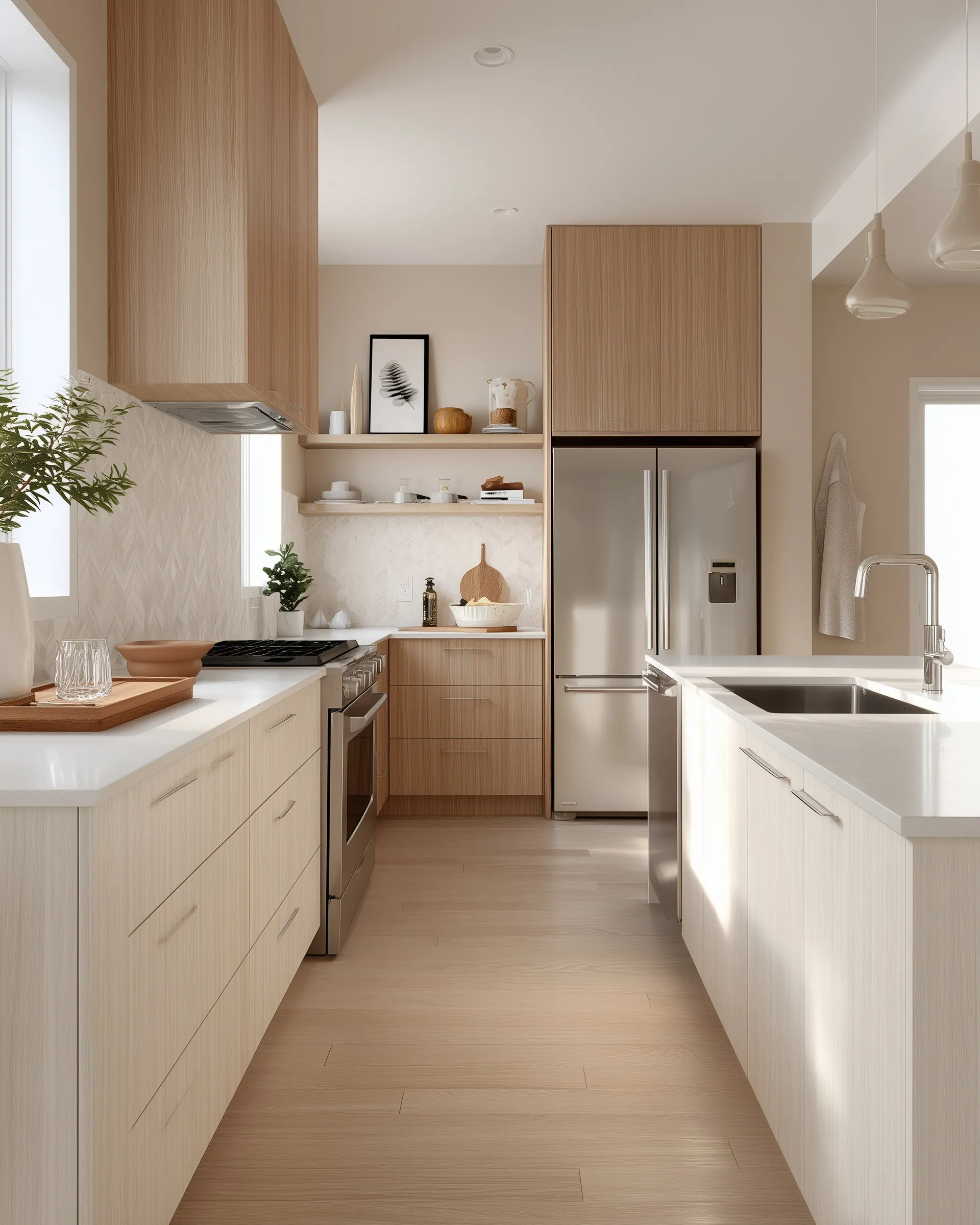 Modern minimalist kitchen with oak wood accents, neutral color palette, and efficient triangle workspace layout.
