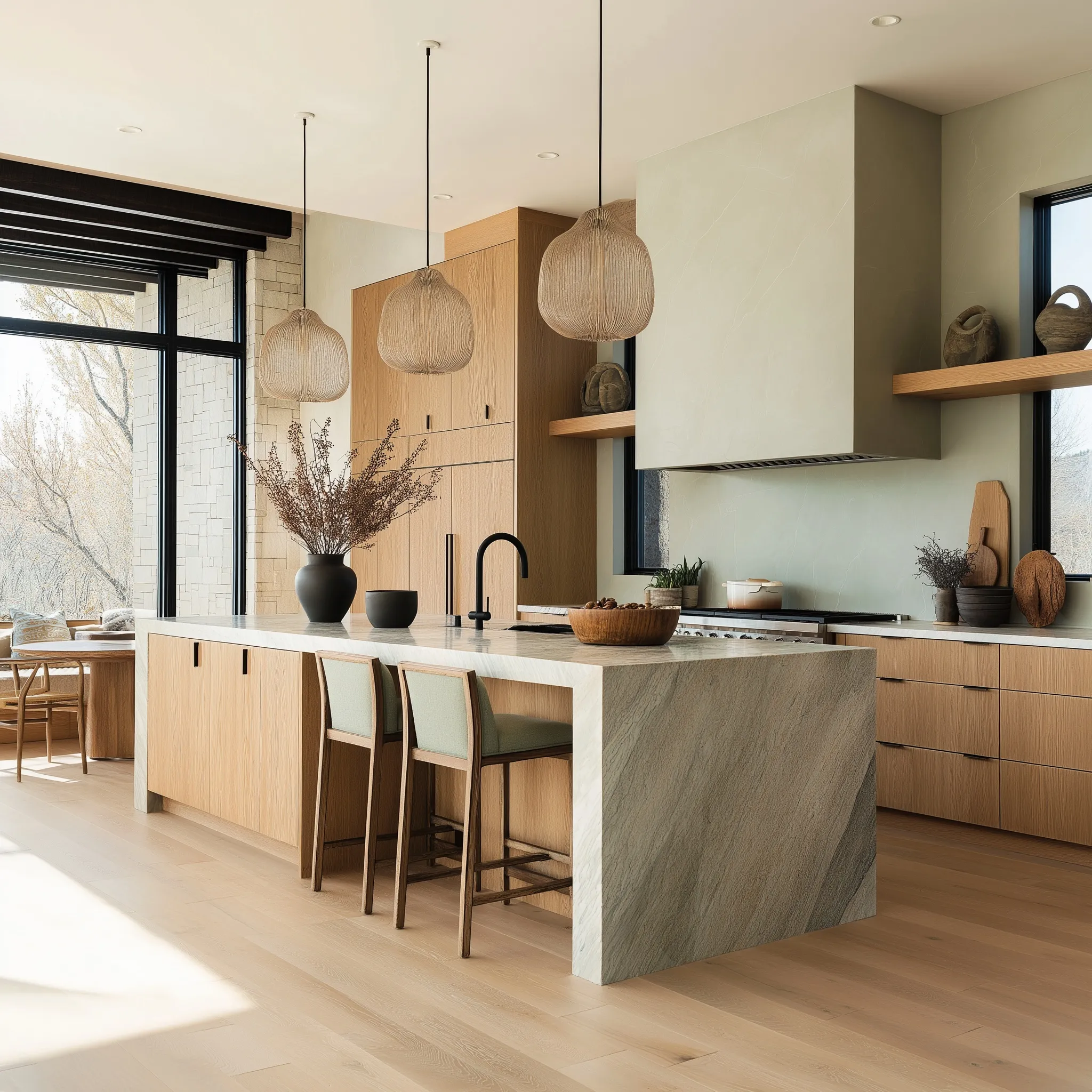 Japandi kitchen featuring warm oak cabinetry, marble waterfall island, and minimalist decor in soft natural light.